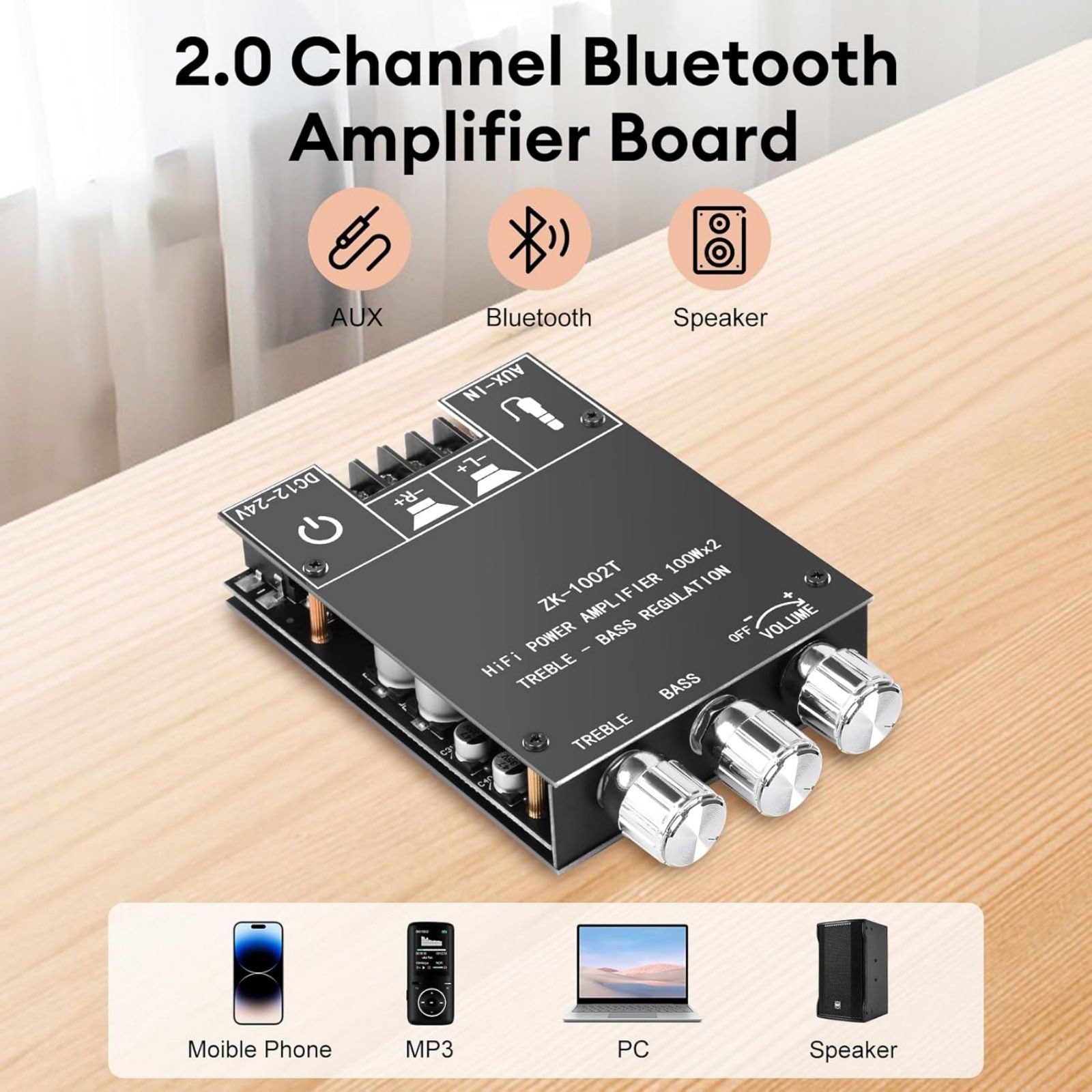 ZK-1002T 2.0 Channel Bluetooth 5.0 Amplifier Board 200W With Aux Input Audio