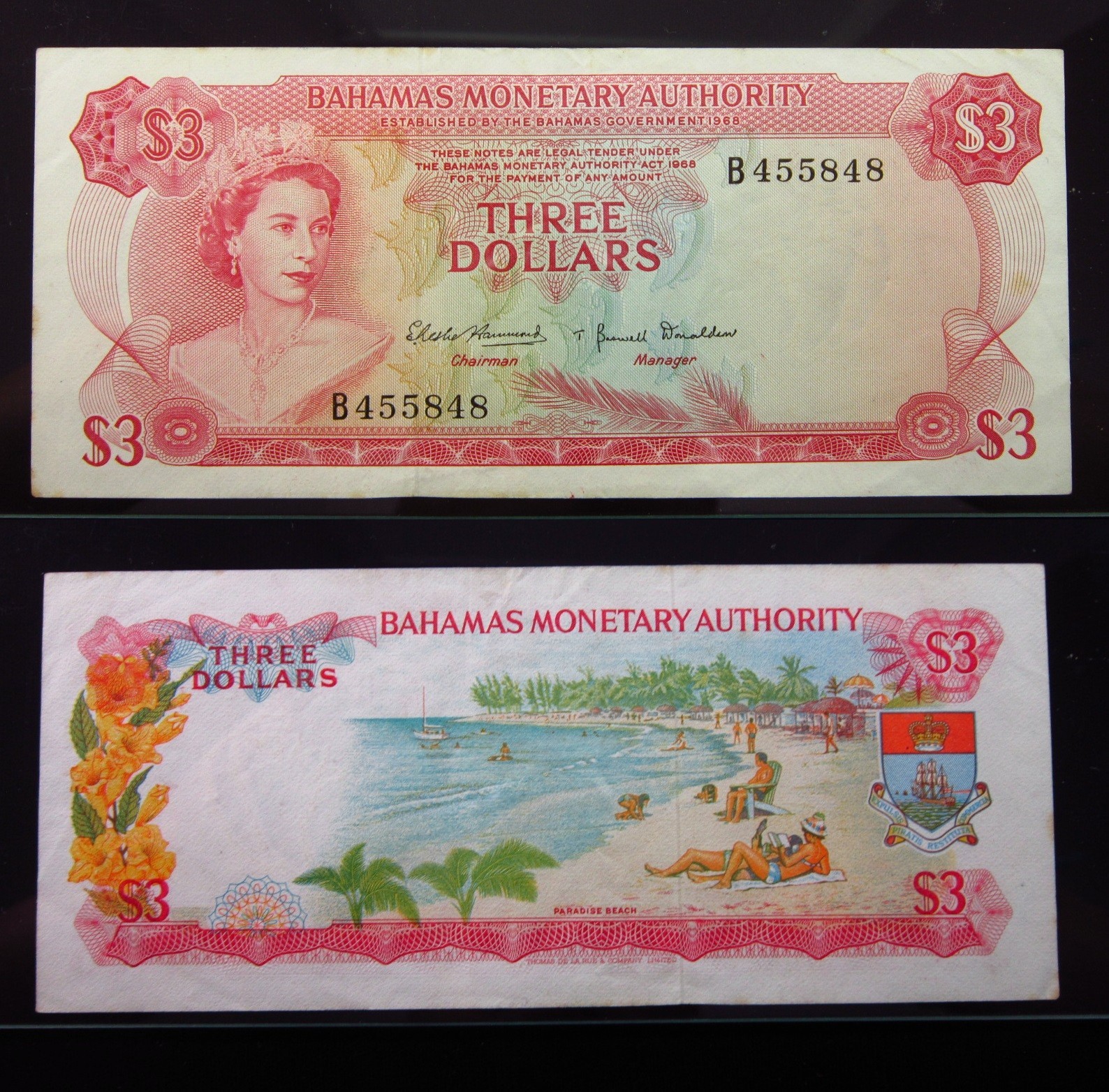Bahamas 3 Dollars 1968 Prefix B P28 5848i0 Bahamas Government Elizabeth II Money