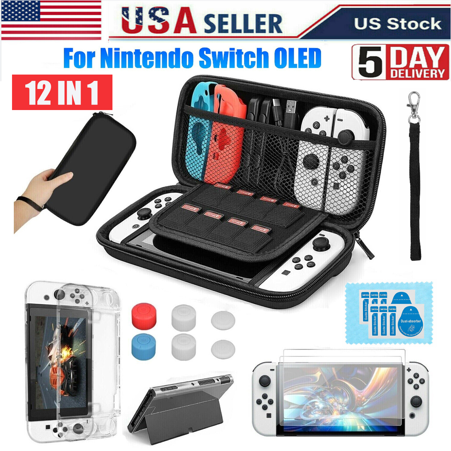 For Nintendo Switch OLED Carrying Case Bag+Shell Cover+Tempered Glass Protector