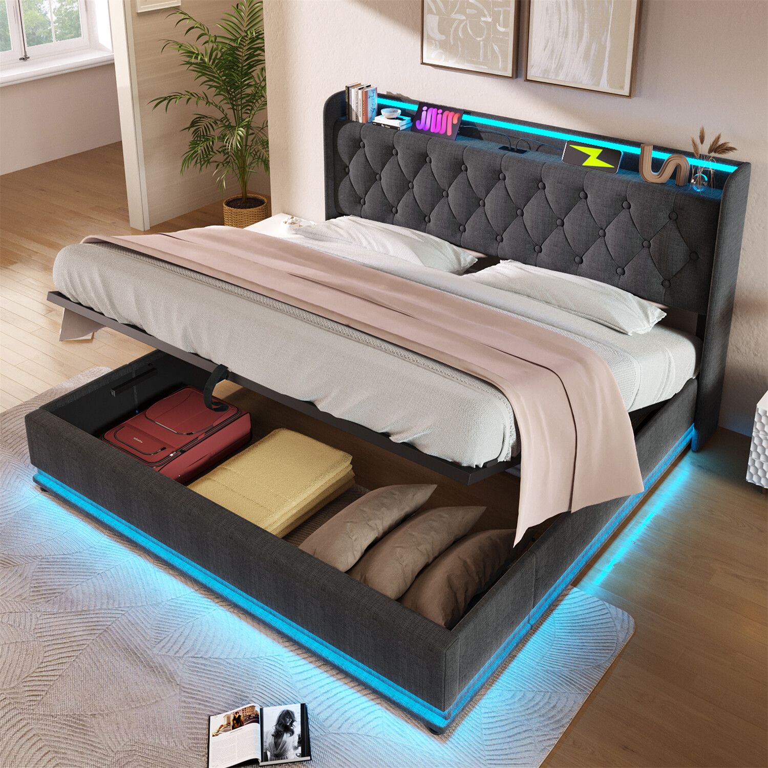 Twin/Full/Queen/King Size Upholstered Platform Bed with Hydraulic Storage System