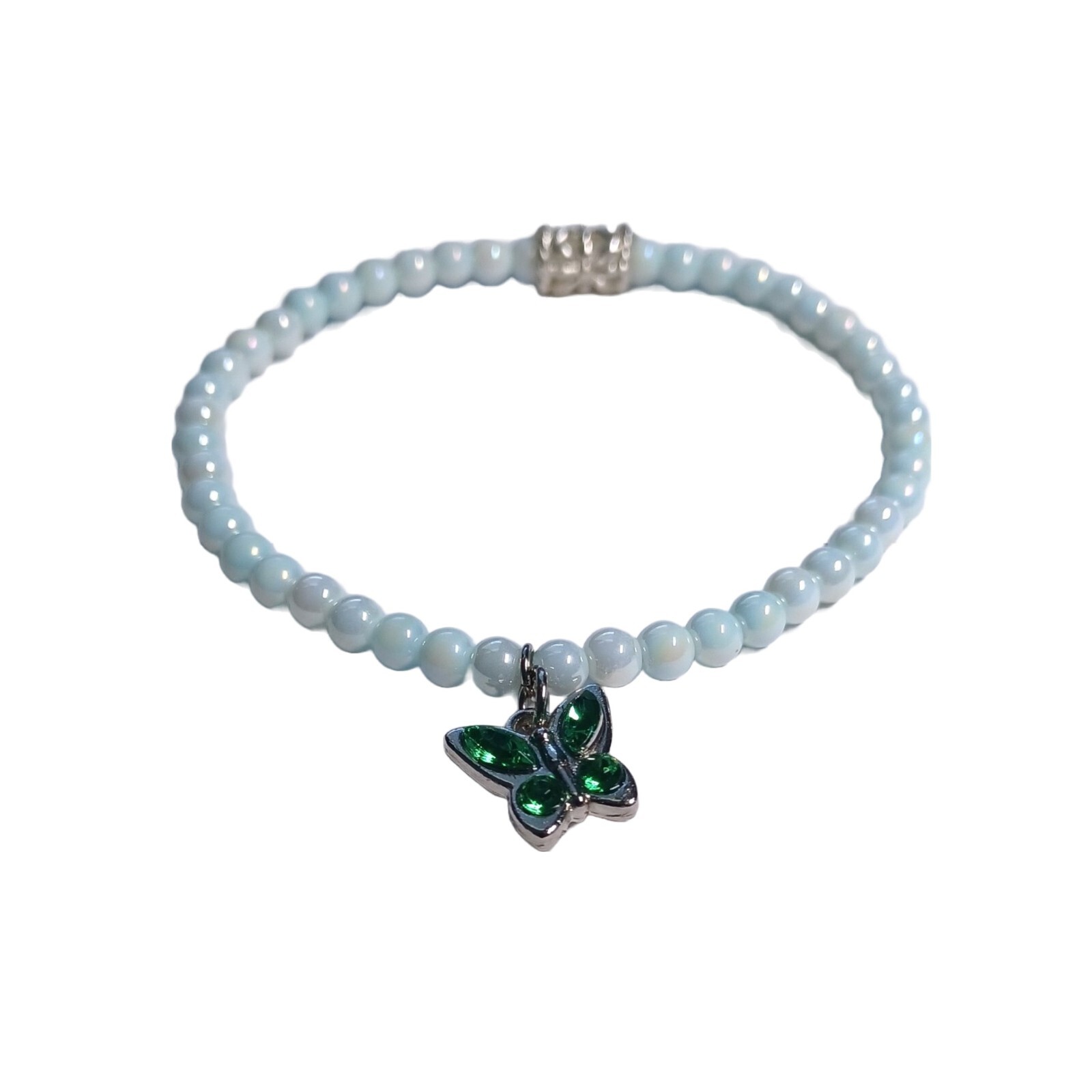 White Glass Beaded Bracelet with Dangling Butterfly Charm
