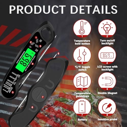 Meat Thermometer Digital，IP67 Waterproof Cooking Thermometer with Black