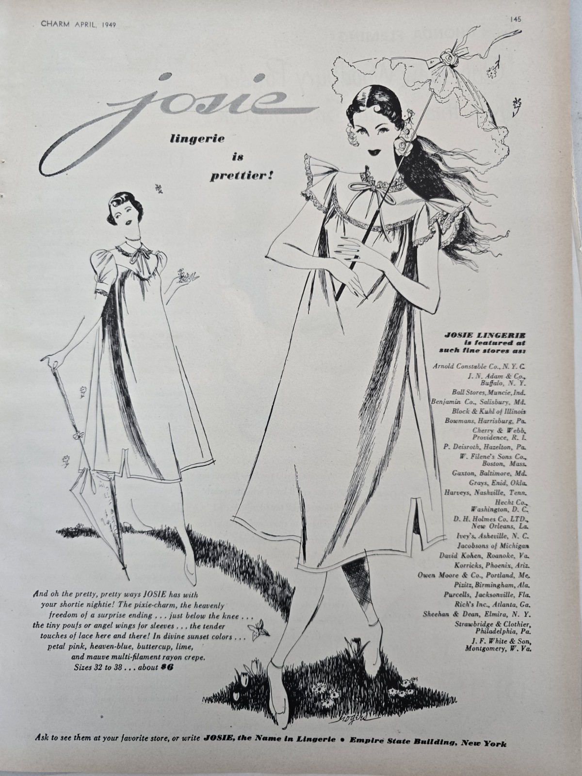 1949 Women's Josie Gowns Lingerie Vintage Fashion Art ad