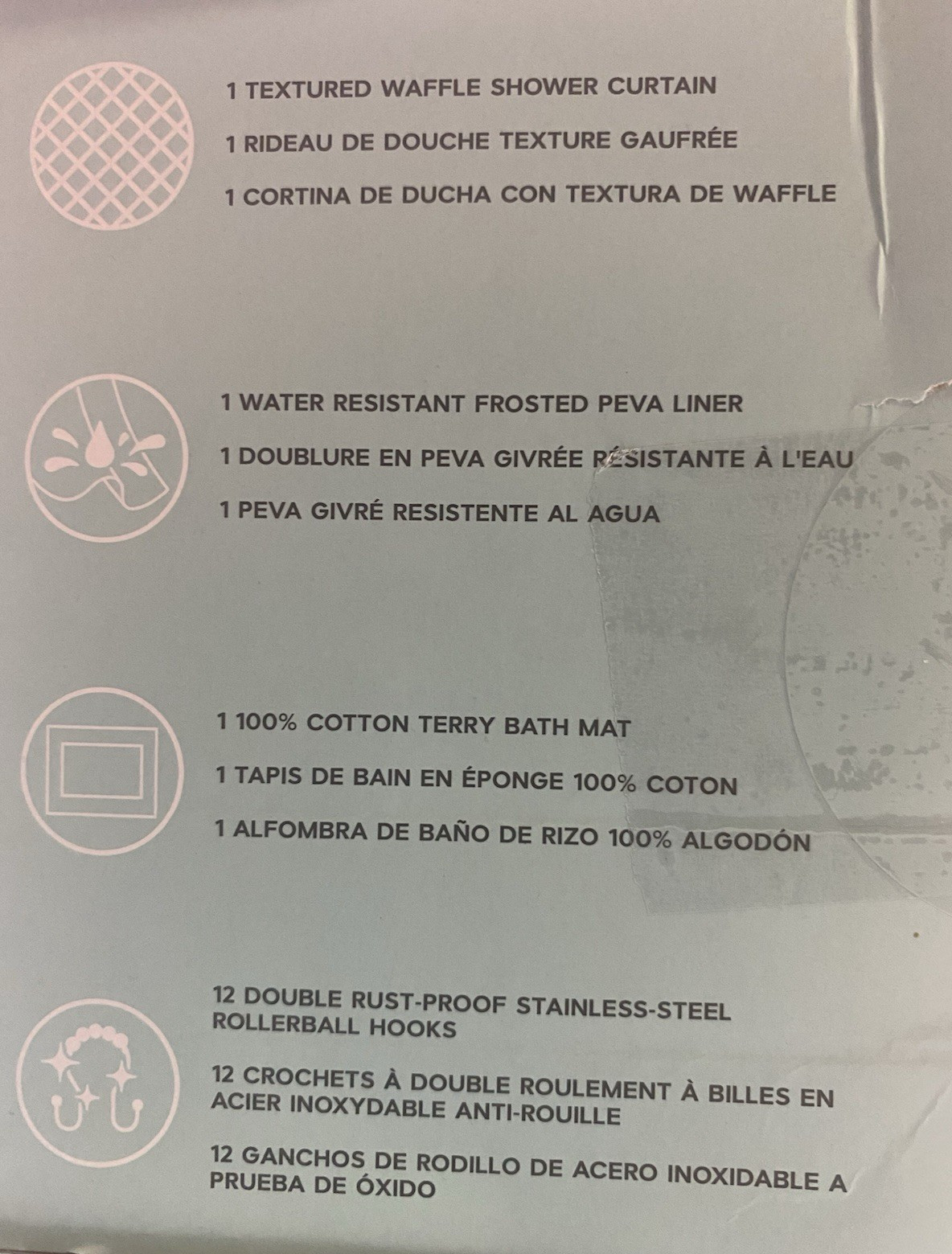 Shower Curtain 4 pc set-Waffle Textured curtain, Liner, Hooks, & Bath Mat - Gray