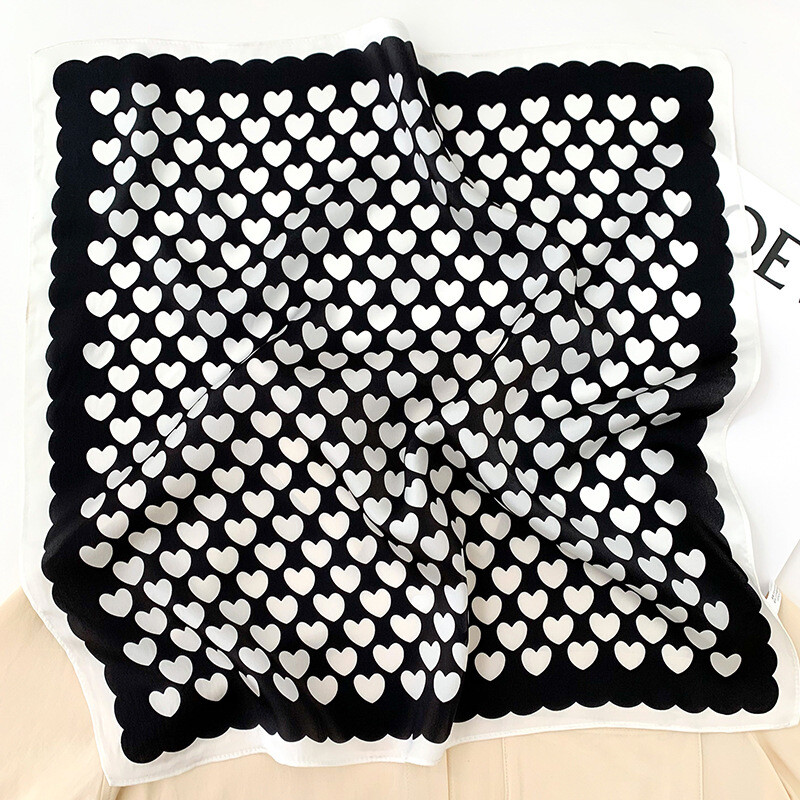 100% Silk 21" Square Scarf For Women Neckerchief Wrap Kerchief Heart Polka Dots