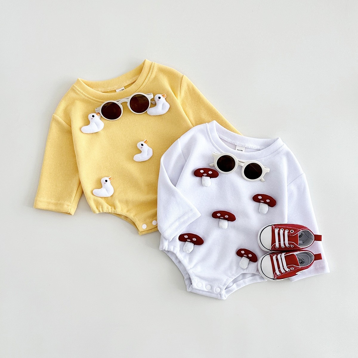 ‌Korean Newborn Long Sleeve Cartoon Duck Mushroom Crawling Suit