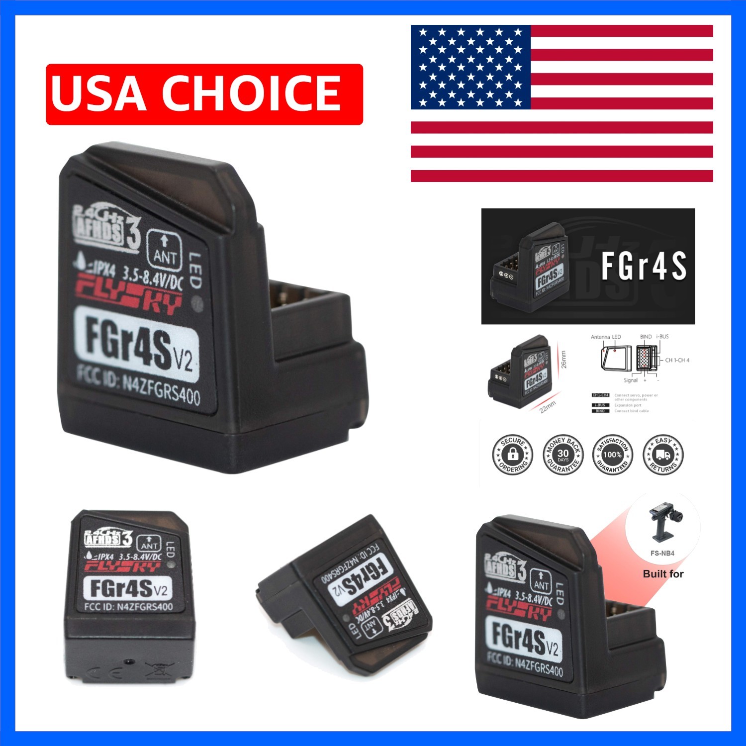 Flysky FGr4S V2 Receiver, 2.4GHz 4CH AFHDS 3 Remote Control Receiver Built-in...