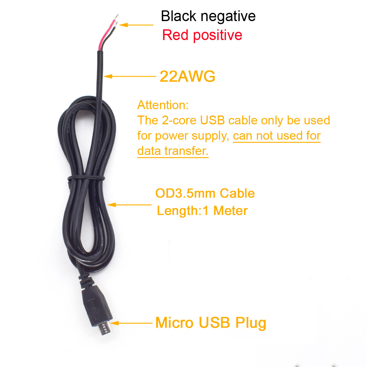1M/3.3ft Micro USB Male Plug Cable 2 Wires Power Pigtail Cable Cord 5V 3A 22AWG