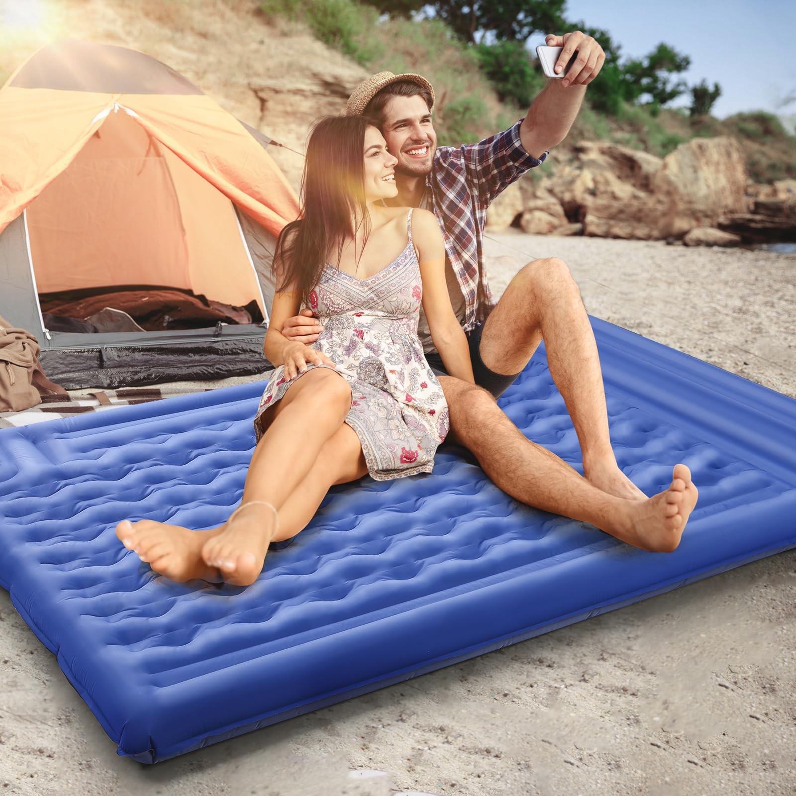 FNARMW Double Sleeping Pad Camping, Self Inflating 6'' Full, Navy Grey