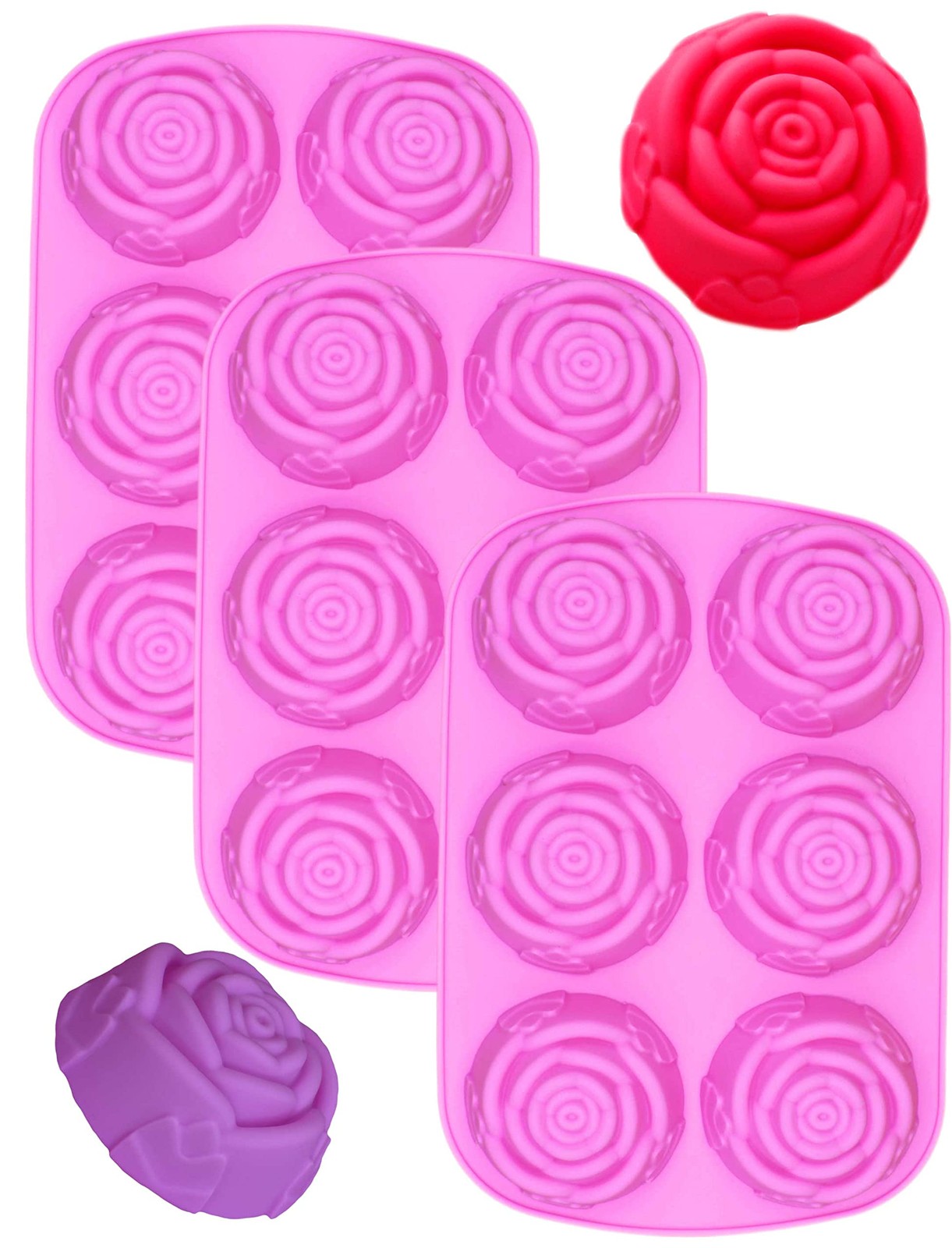 3 Pack of x Large Rose Flower Ice Cube Chocolate Soap Tray Mold Silicone MIX