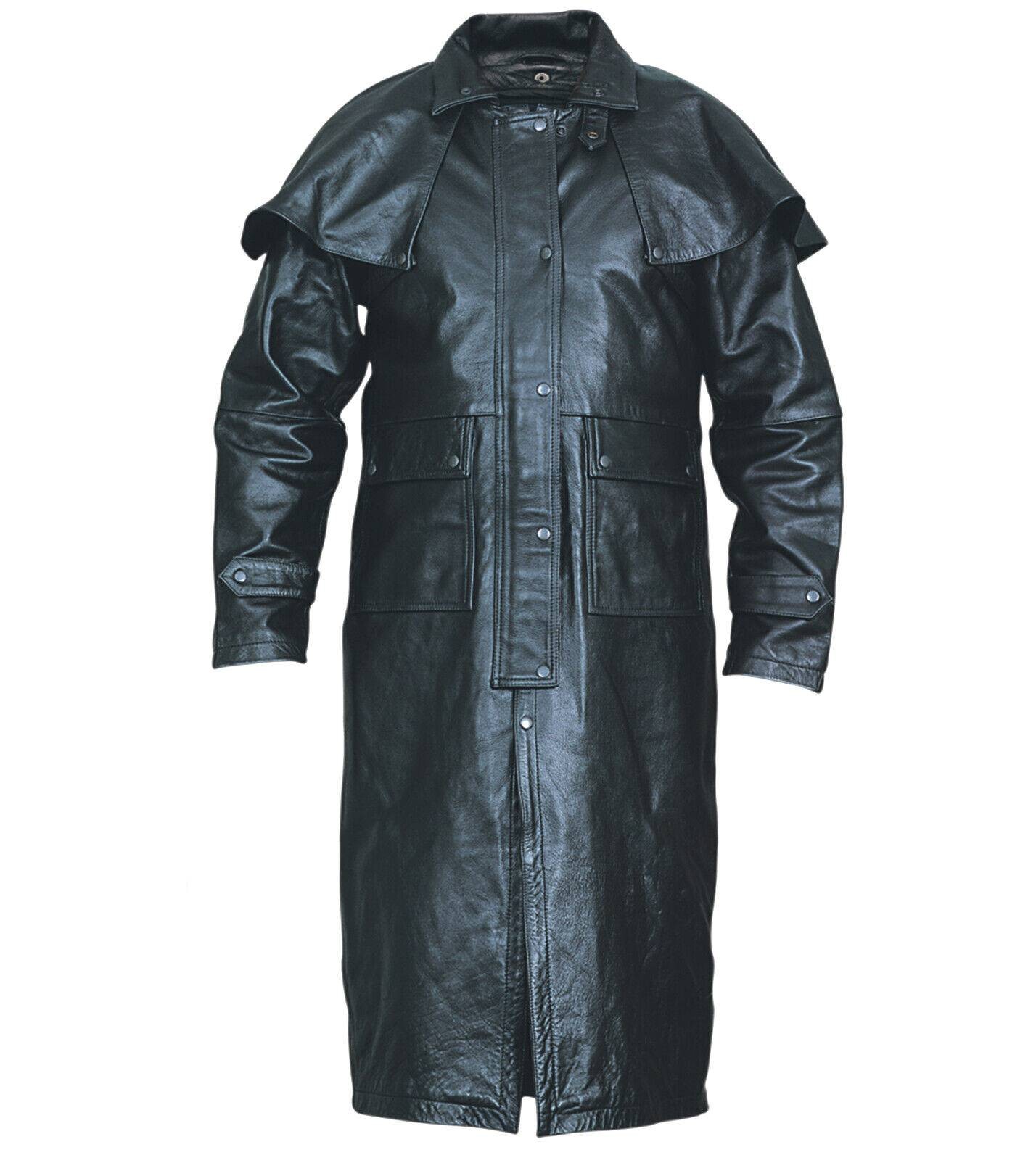 Mens Buffalo Hide Leather Motorcycle Duster Jacket Removable Cape Pockets Straps
