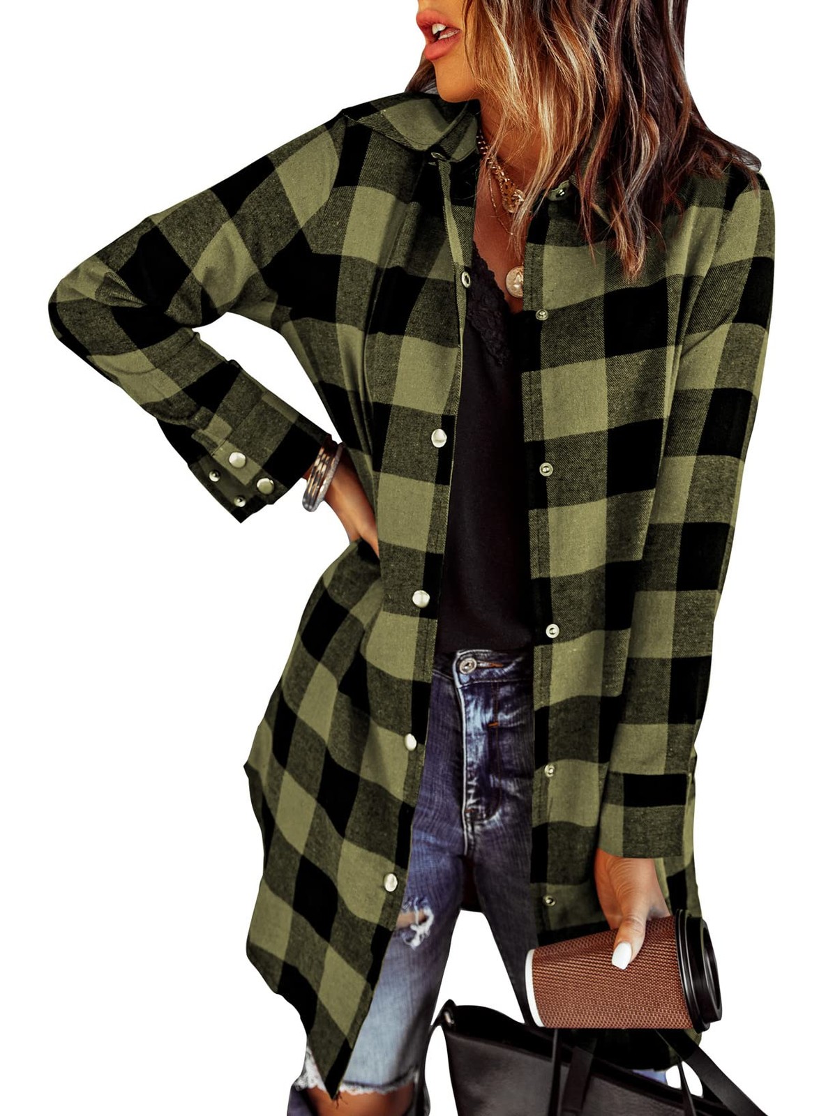 Womens Color Block Plaid Shacket Jacket, Long Sleeve Button Down Fall Top