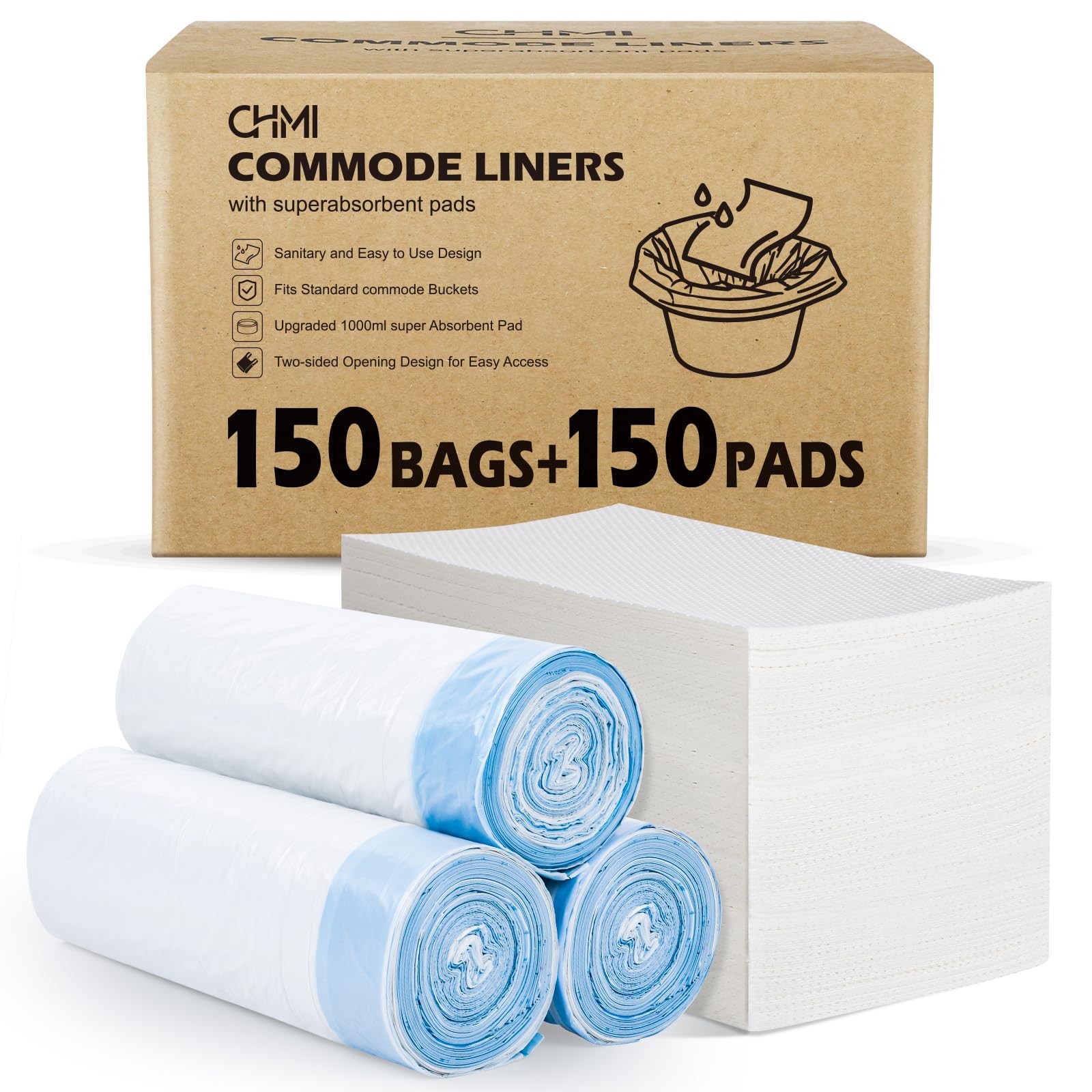 CHMI 150 Pack Commode Liners with Absorbent 2 Count (Pack of 150), WHITE