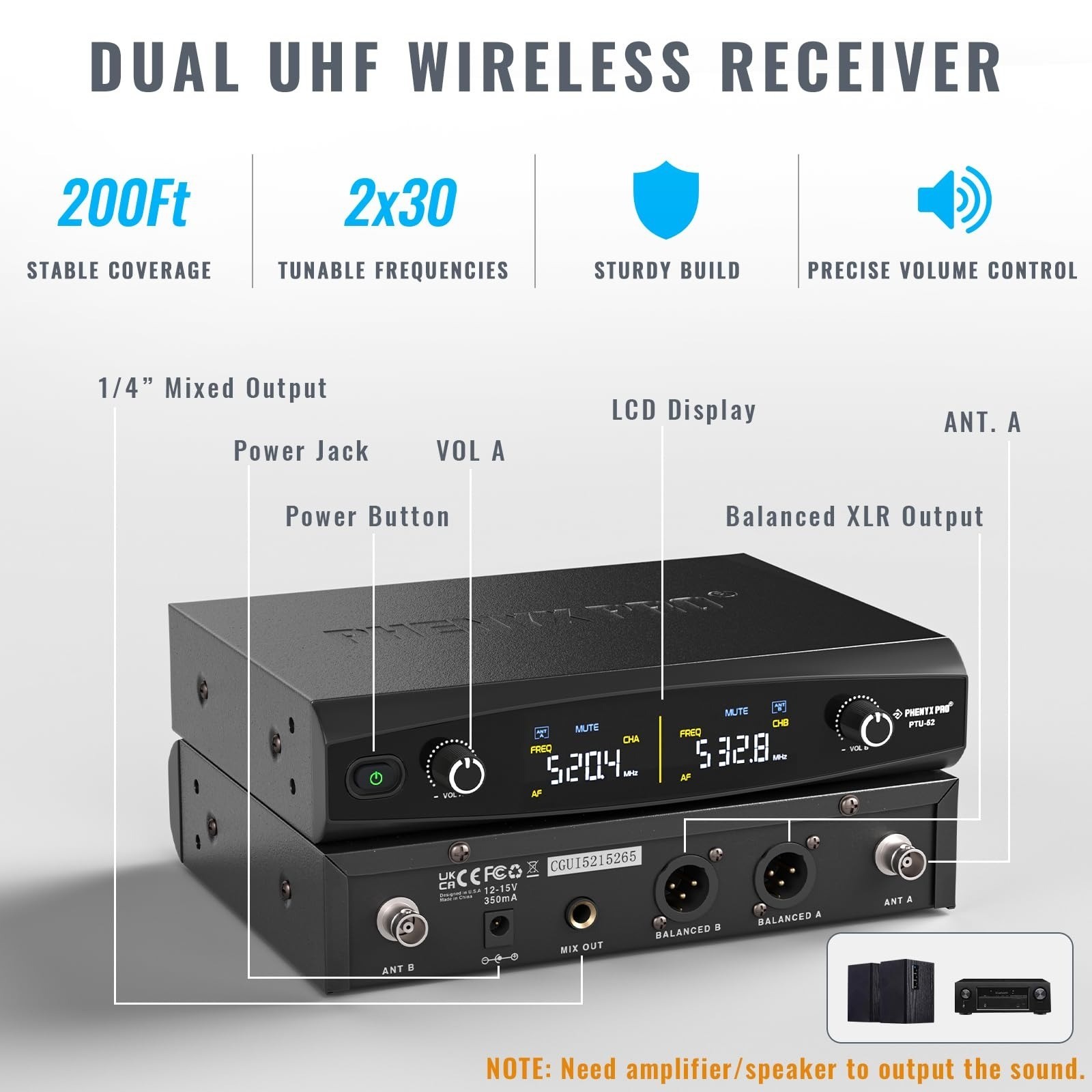 Phenyx Pro Dual UHF Wireless Microphone System PTU-52-2H - 200 ft Range
