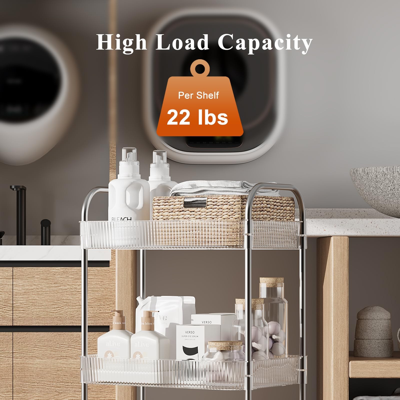3 Tier Rolling Cart with Lockable Wheels, Clear Acrylic Utility Trolley with ...