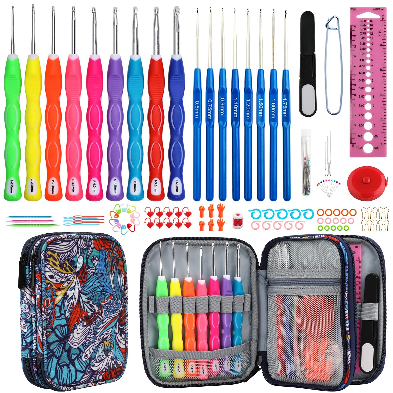 Crochet Hooks Set-Yarn Needles Coloured Aluminum with Storage Case Rubbery Ha...