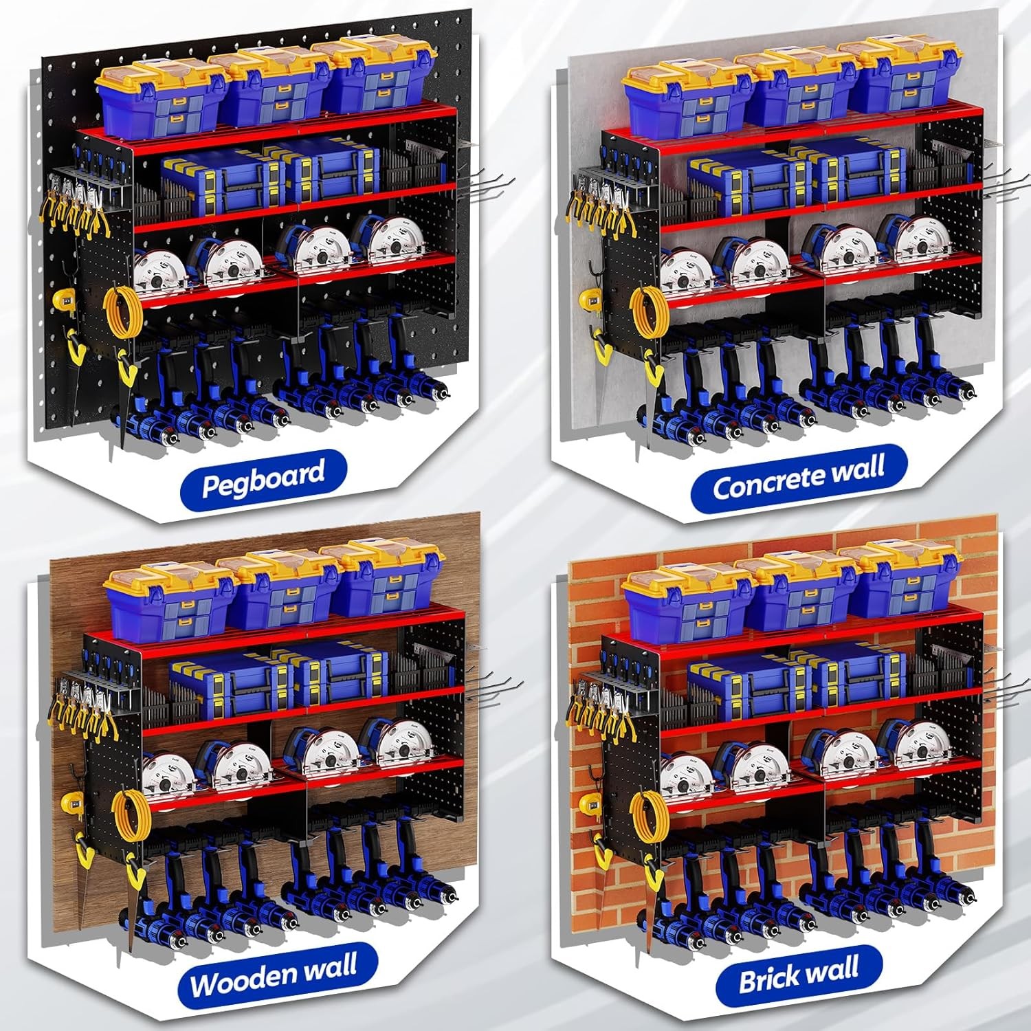 Large Power Tool Organizer Wall Mount, 4 Layer Storage Rack with 8 Drill