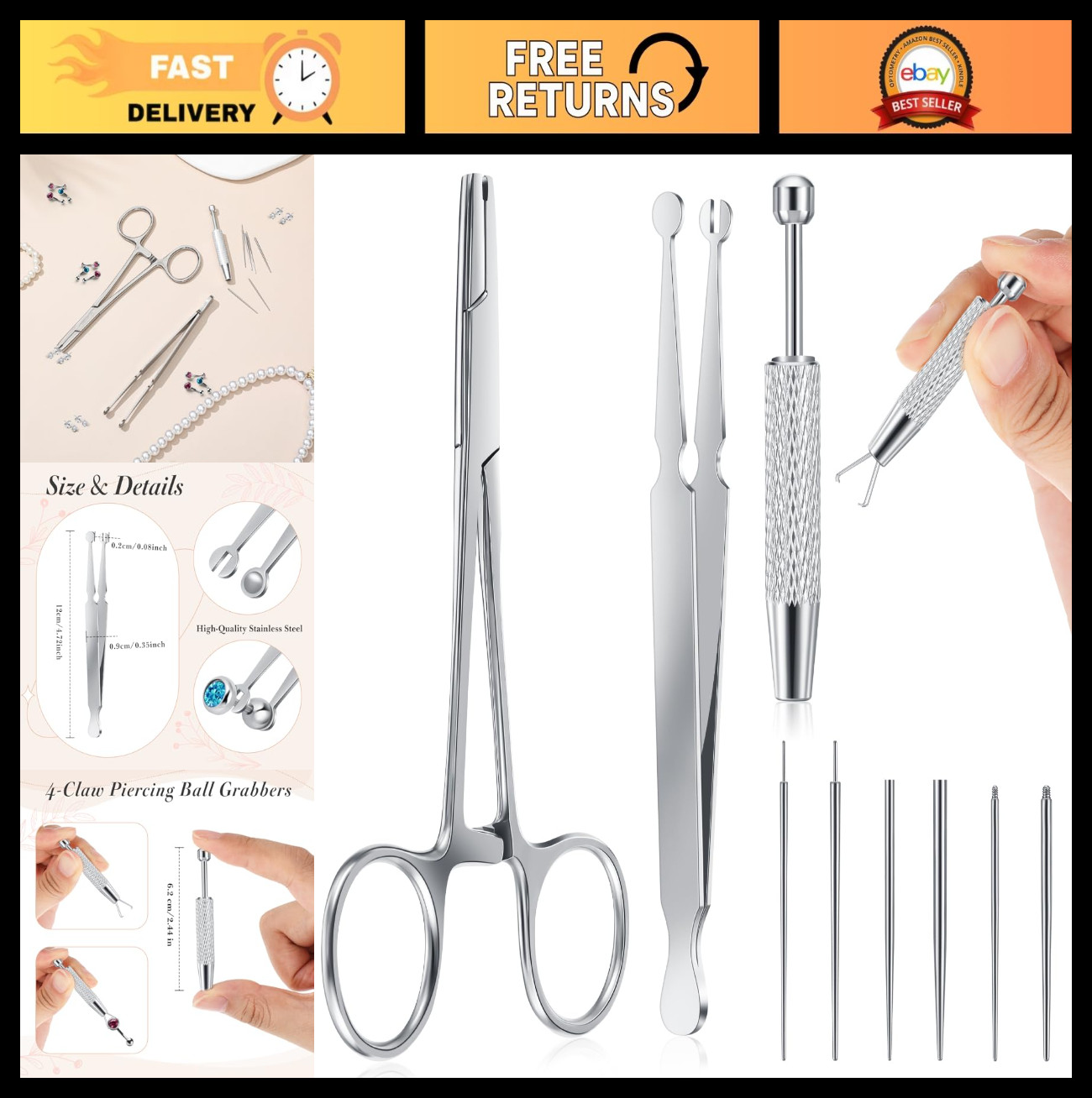 9pcs Stainless Steel Piercing Tool Kit - Ball Grabber, Screw Remover & Bead Clam