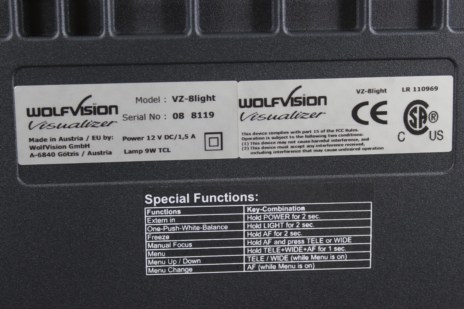 WolfVision VZ-8 Light Overhead Document Visualizer & Carrying Case No Power Cord