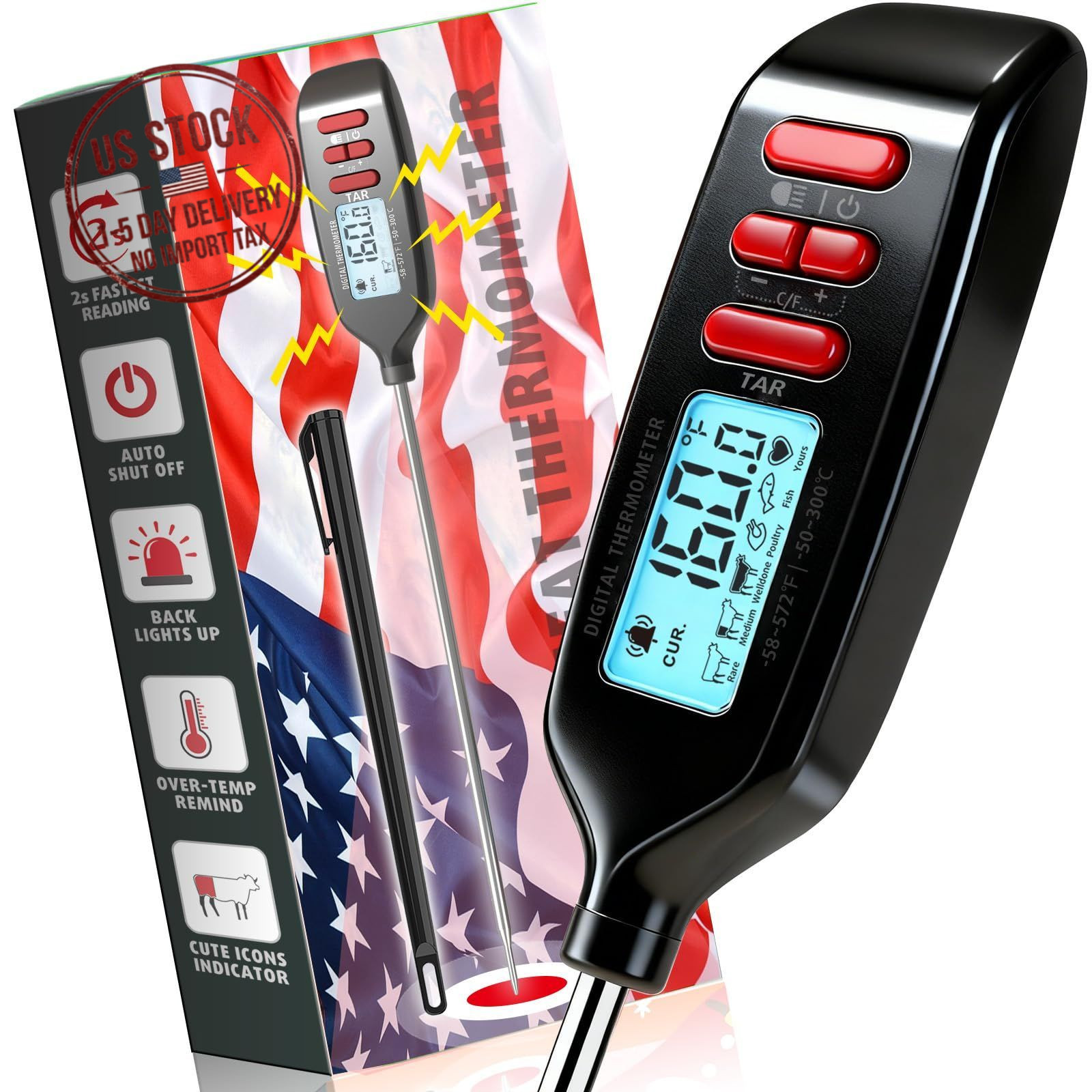Instant Read Food Thermometer Long Probe for Cooking Grilling Baking BBQ Kitchen