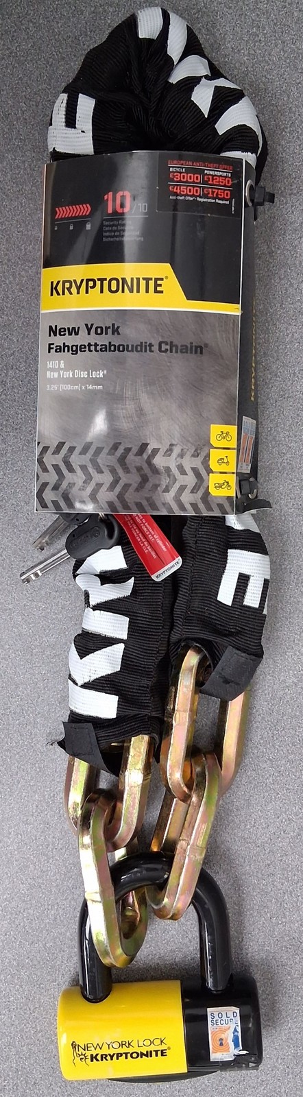 Kryptonite New York Fahgettaboudit Chain 1410 and Disc Lock: 3.25' (100cm)