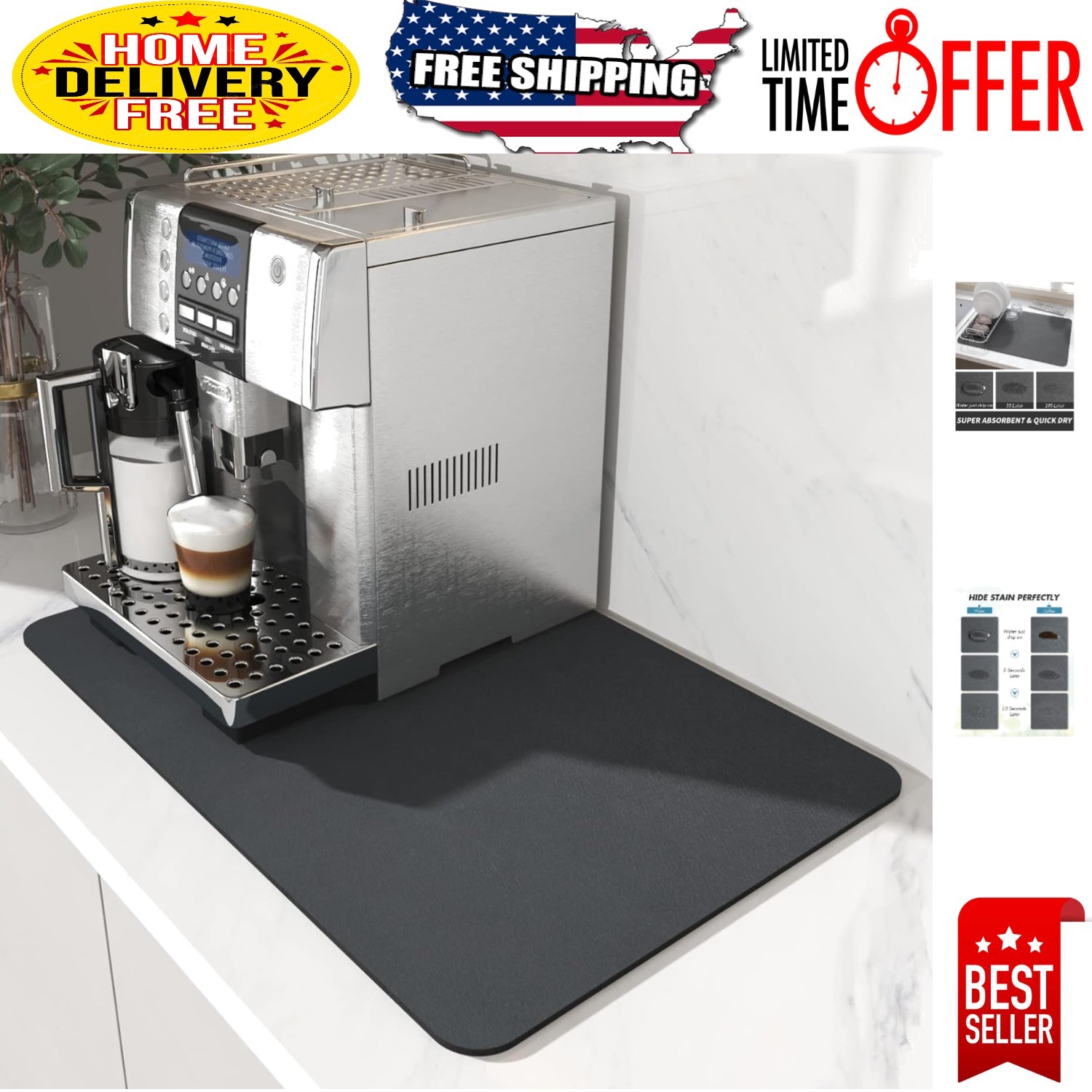Elegant Coffee & Dish Drying Mat 12"x19" - Absorbent Rubber Backed Design