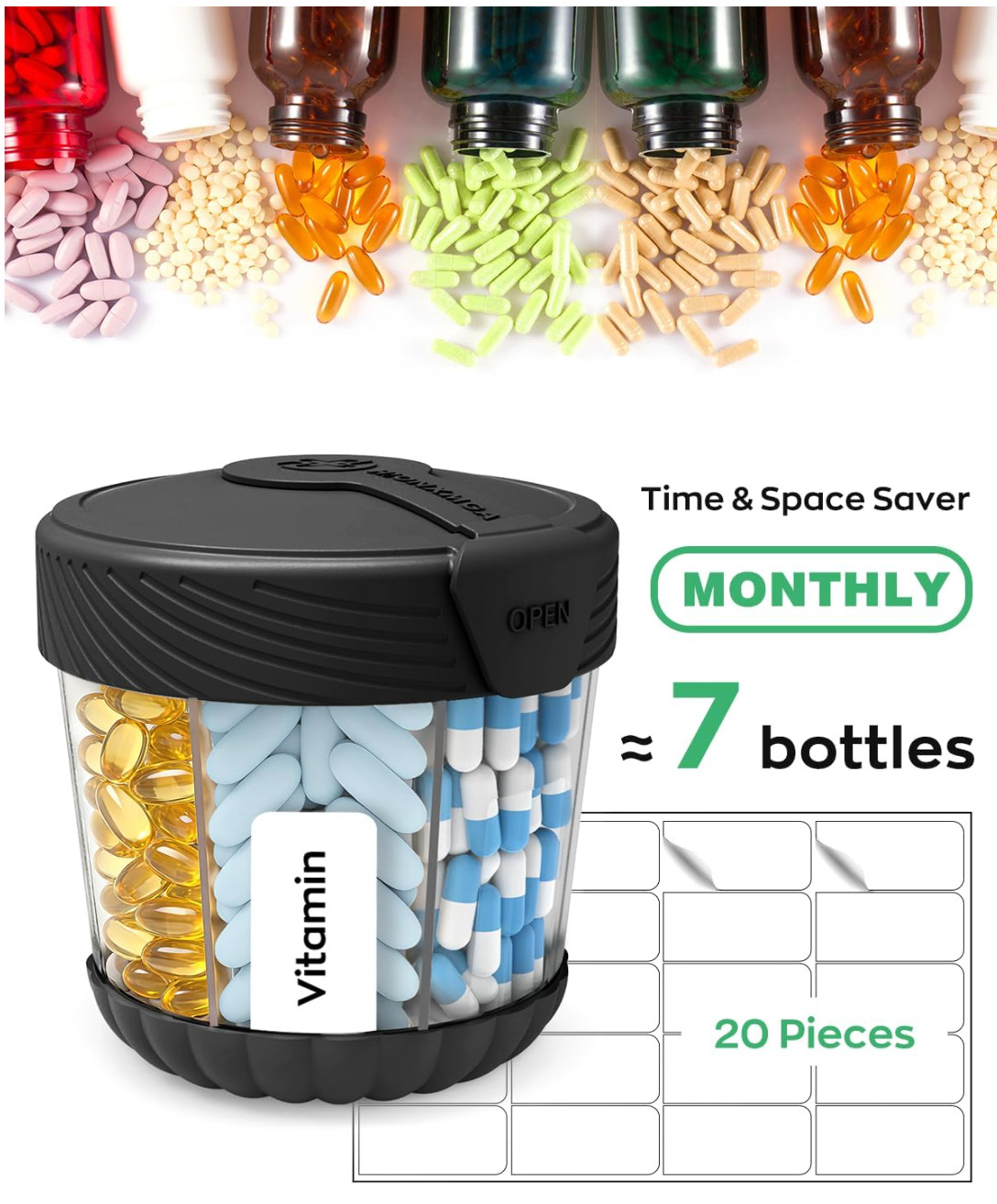 Cute Pill Organizer,Pill Dispenser with 7 Large Compartments,Portable Black-NEW
