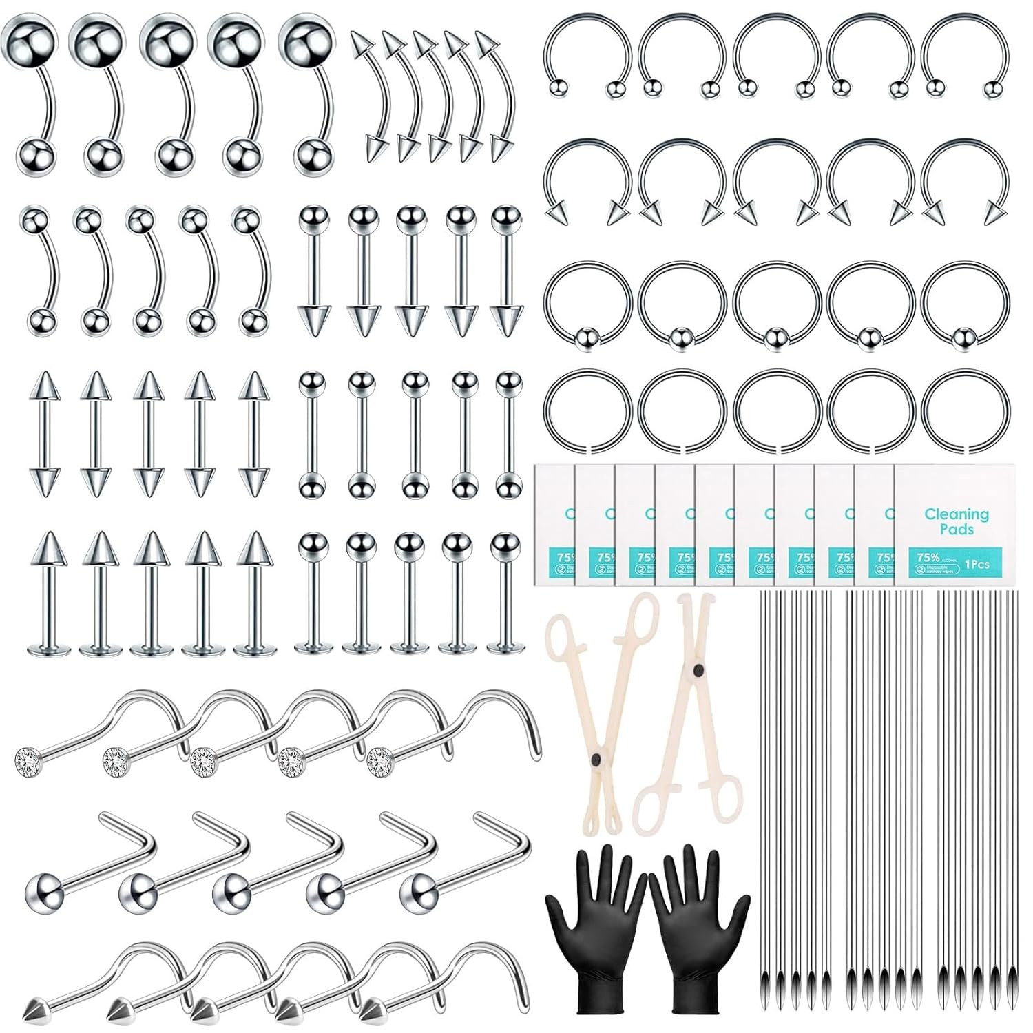 Evatage 104 Pcs Professional Body Septum Piercing Tool Kit with Jewelry Set | 14