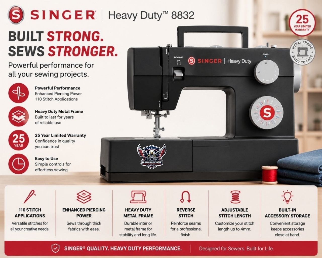 Singer Heavy Duty 8832 Sewing Machine 110 Stitch Applications Metal Frame Black