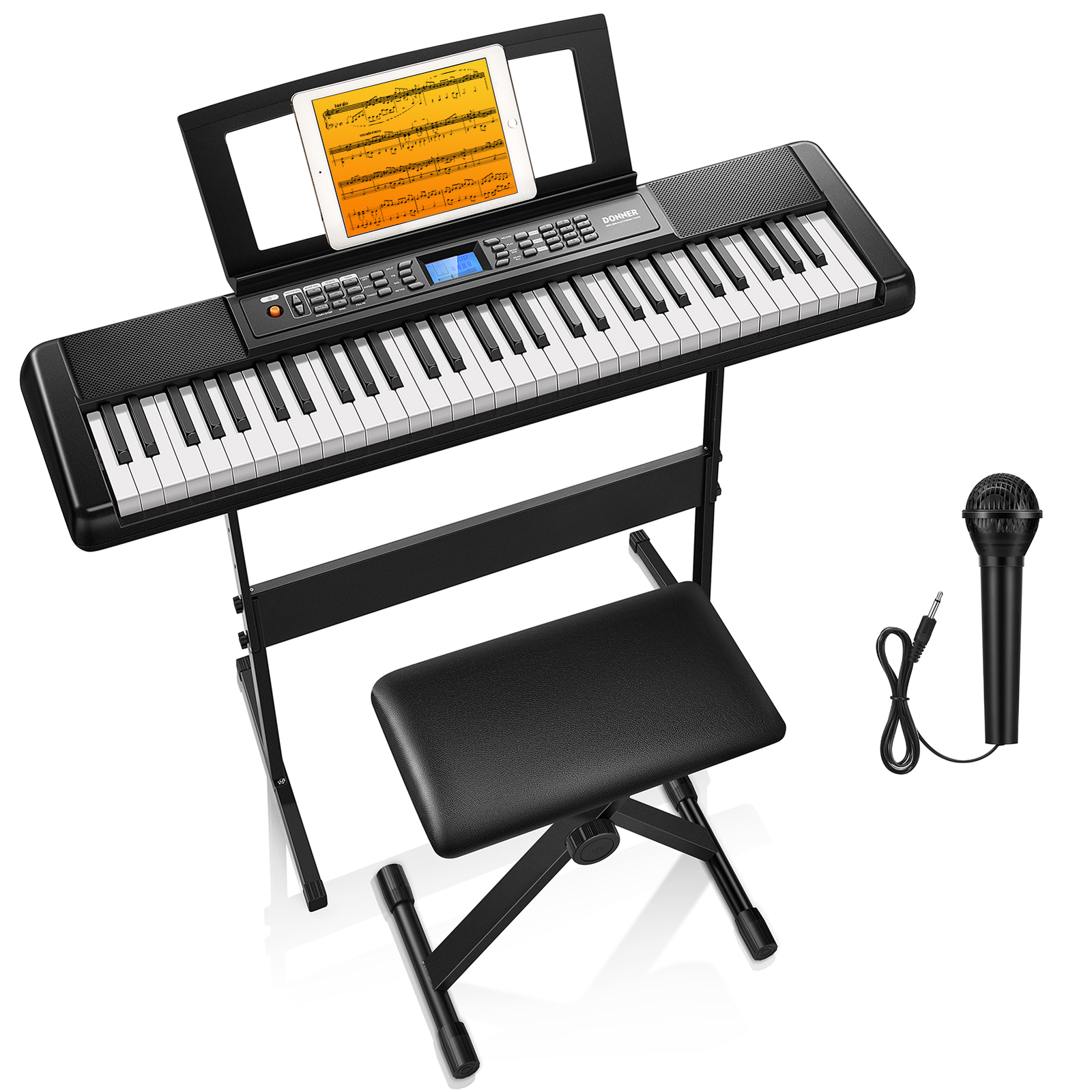 Donner DEK-200 Electric Keyboard 61 Key 300 Tones 50 Demo With Bench Stand Mic