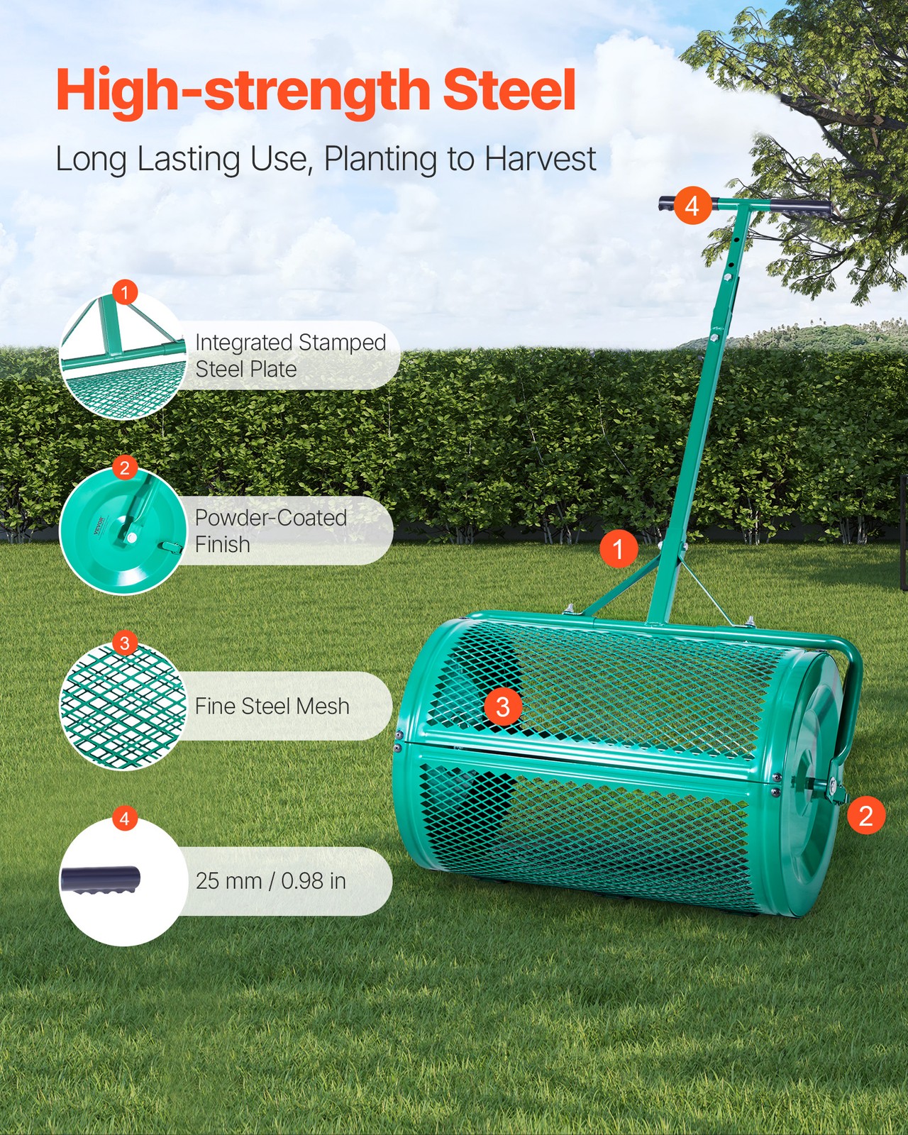 VEVOR Compost Spreader 24 in Peat Moss Spreader Roller Push/Tow Handle for Yard