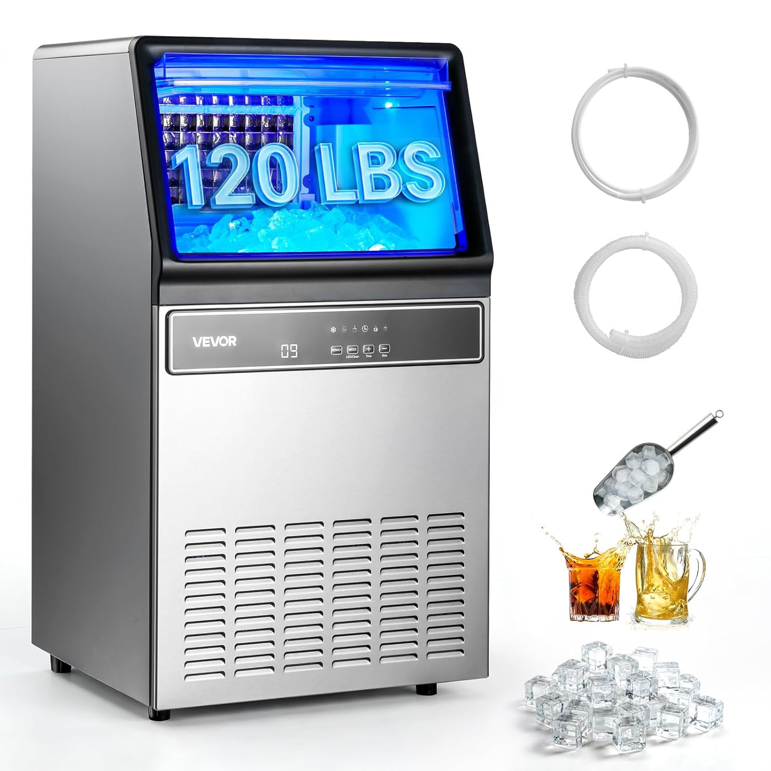 Commercial Ice Maker Machine, 120 Lbs/24H Ice Production, 33 Lbs Storage Bin, 45