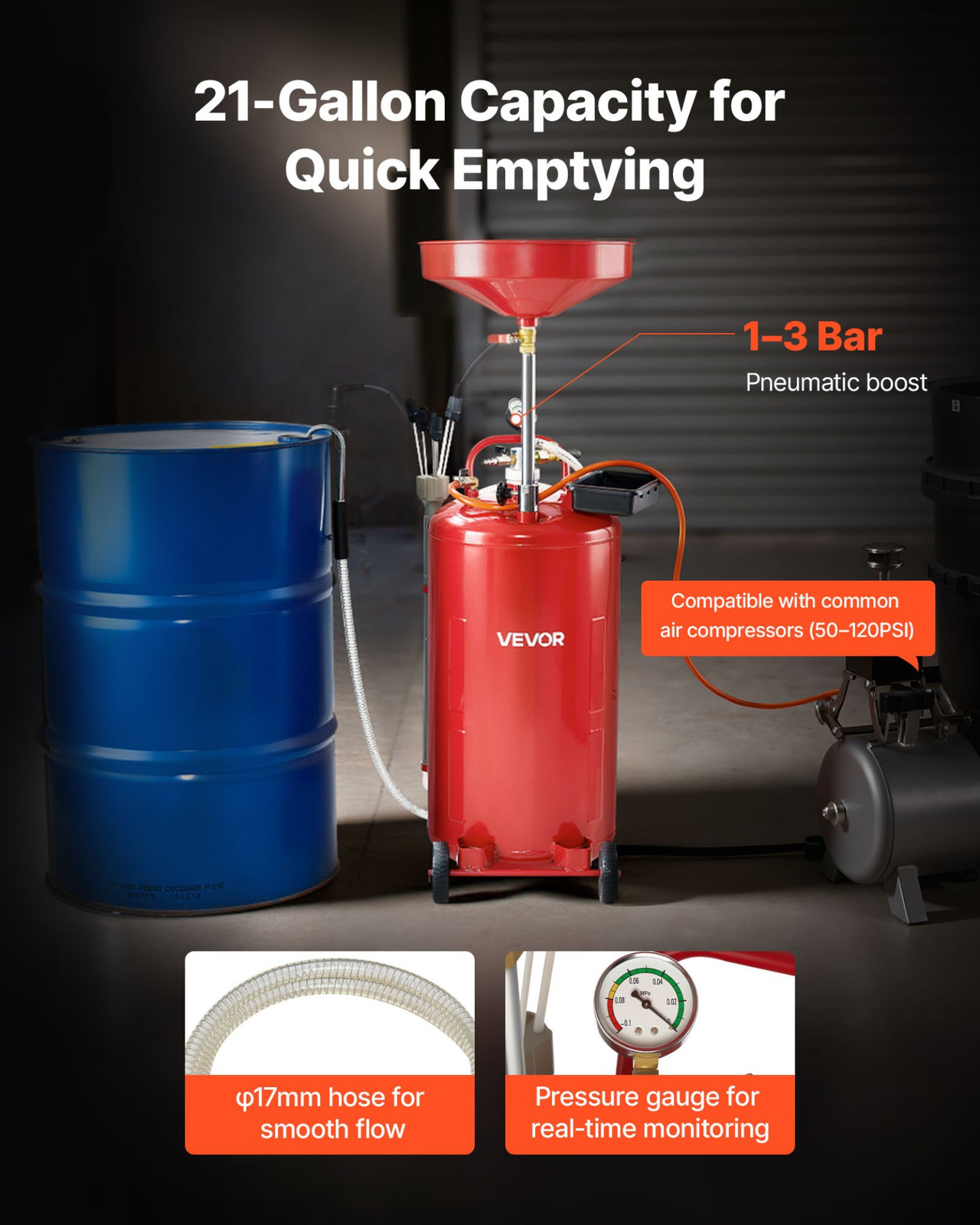 21 Gallon Air Operated Waste Oil Drain Tank w/ Wheels Adjustable Funnel