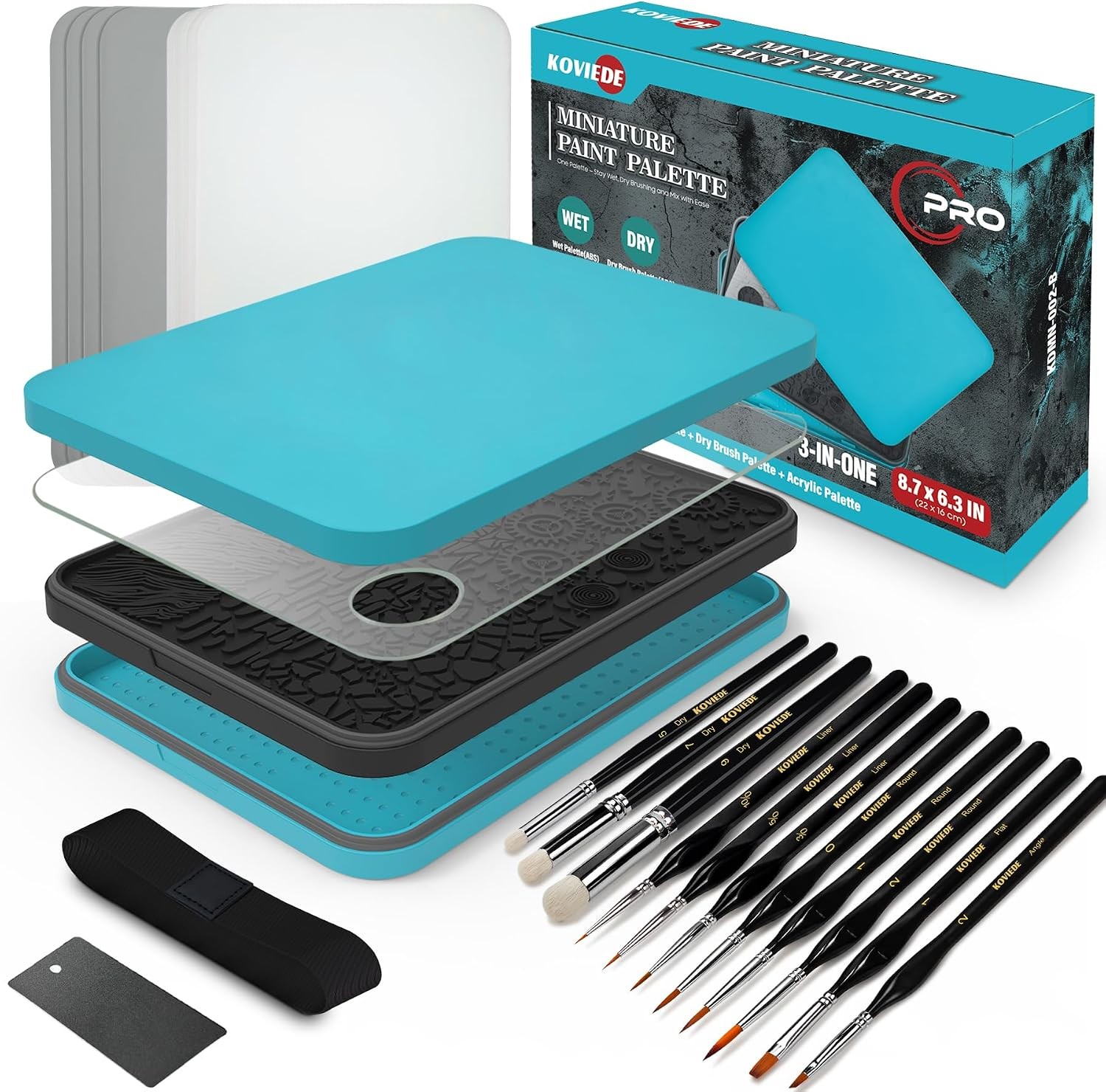 3-in-1 Blue Wet Dry Palette Set w/ Detail Brushes Paper Sponges