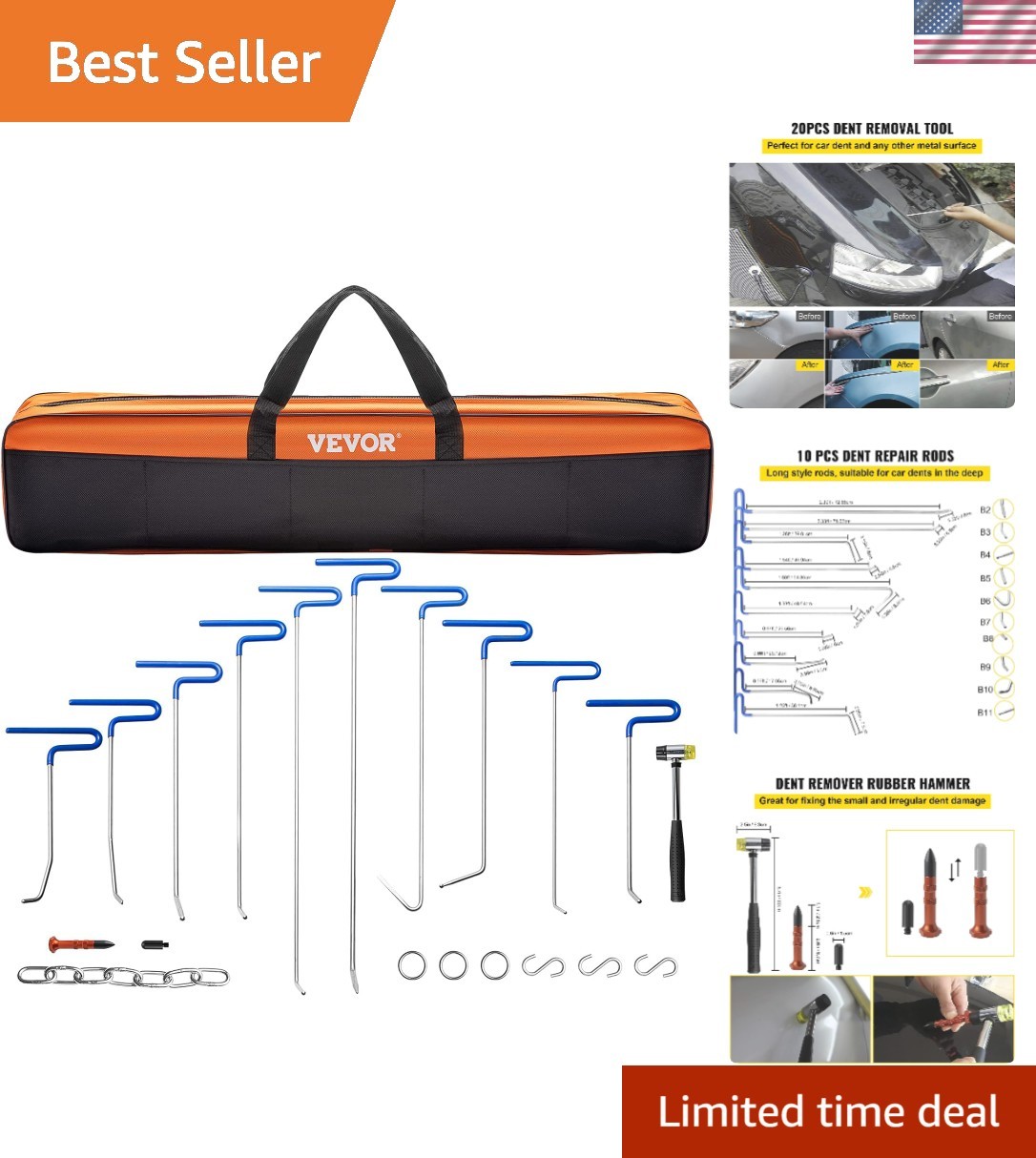 Rods Dent Removal Kit, 20 Pcs Paintless Dent Repair Rods, Stainless Steel Den...