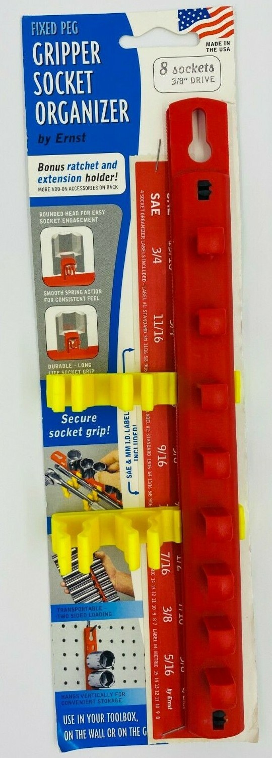 Ernst 8040 3/8 Dr Fixed Peg Gripper 8 Socket Organizer Red with Holder