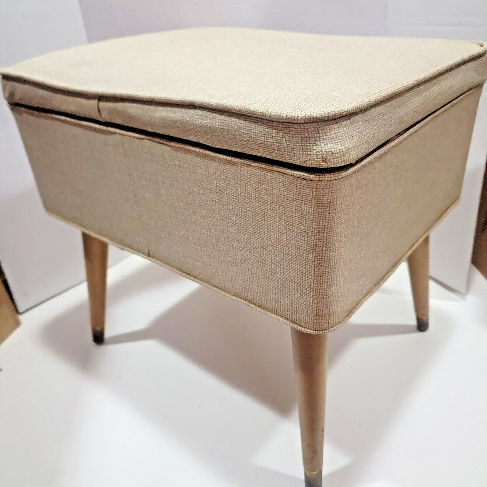 Vintage Beige Vinyl Sewing Seat Hassock Ottoman w/Storage