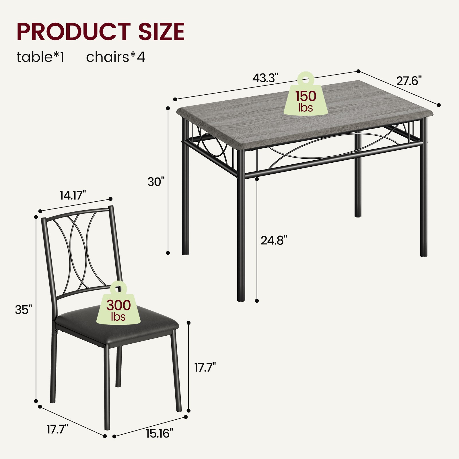 5 Piece Grey Dining Table Set, Kitchen Table And 4 Upholstered Dining Chairs