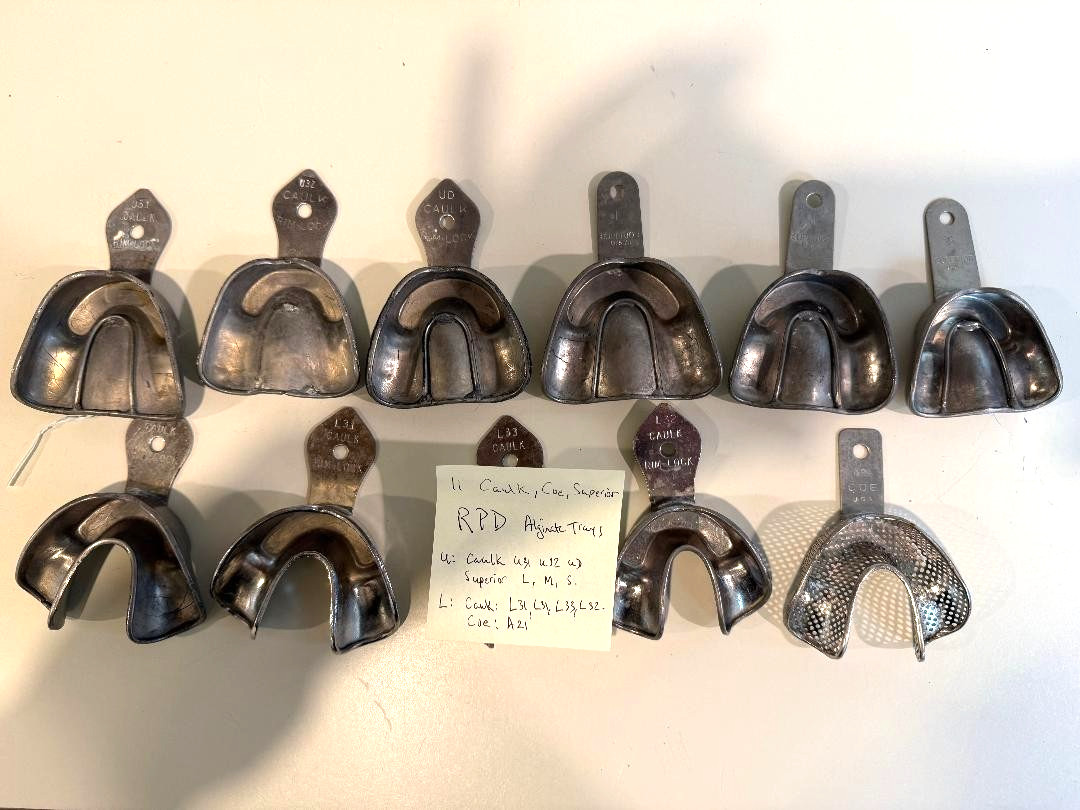 12) UP LO EDENTULOUS CAULK COE RIM LOCK DENTAL METAL IMPRESSION TRAY GOOD MIX