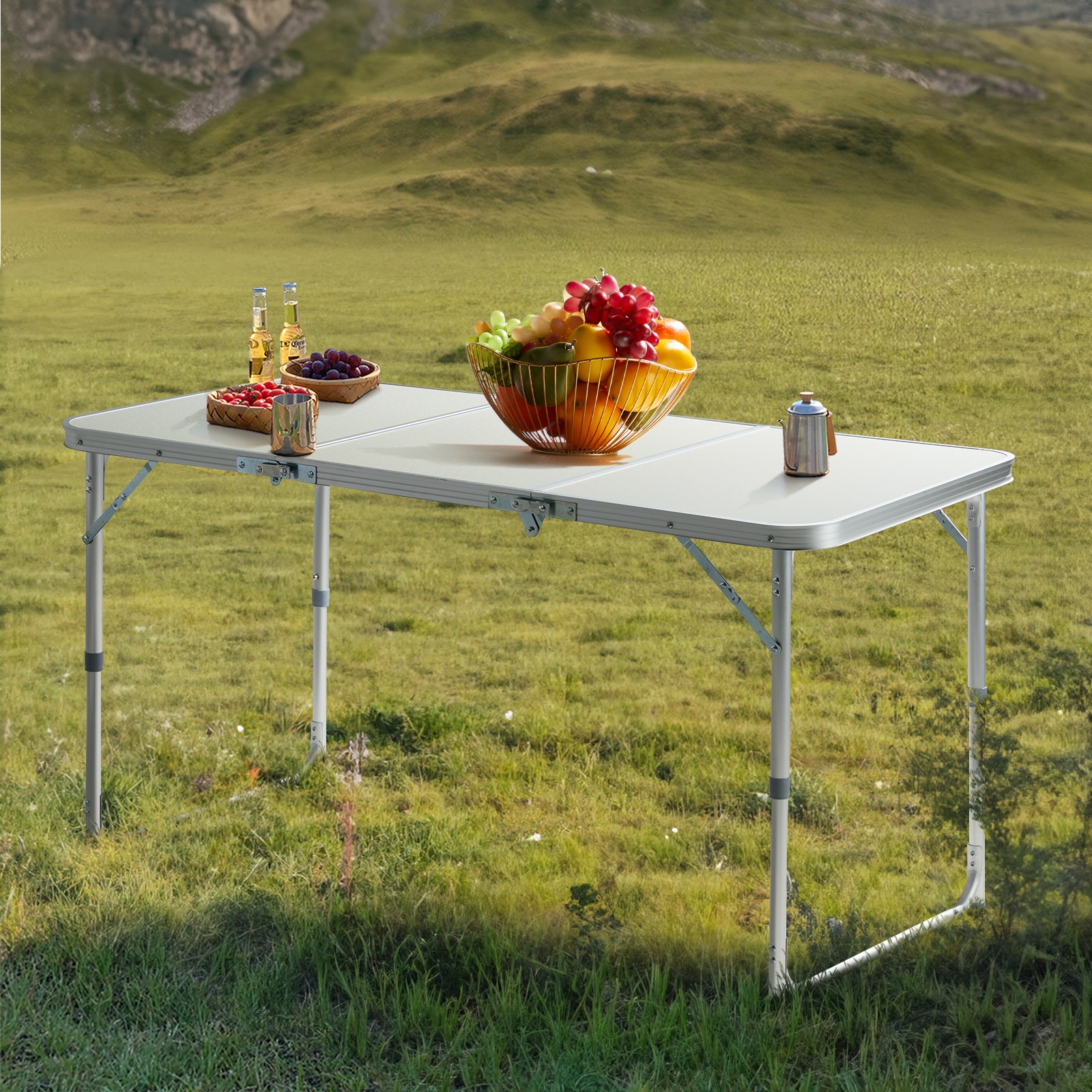 4FT Outdoor Folding Camping Table Portable Picnic Table with Adjustable Height