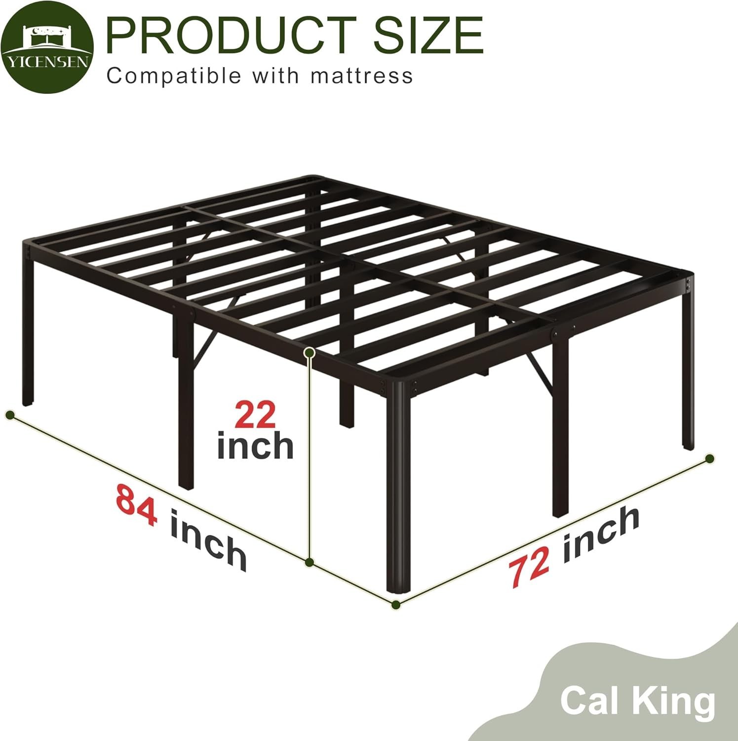 22" High California King Metal Bed Frame, No Box Spring, Easy Assembly, Black