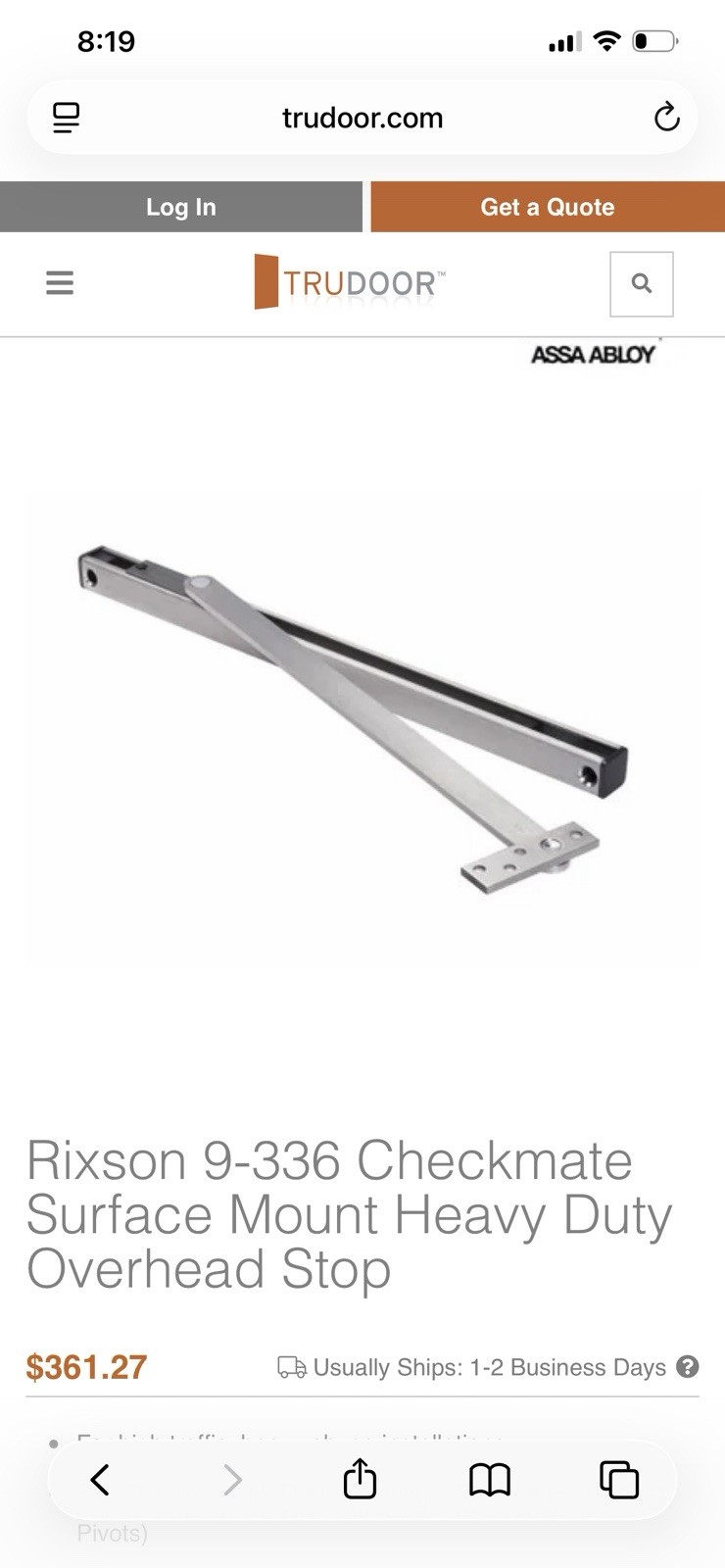Rixson Checkmate 9-336 Surface Mount Heavy Duty Overhead Stop Silver