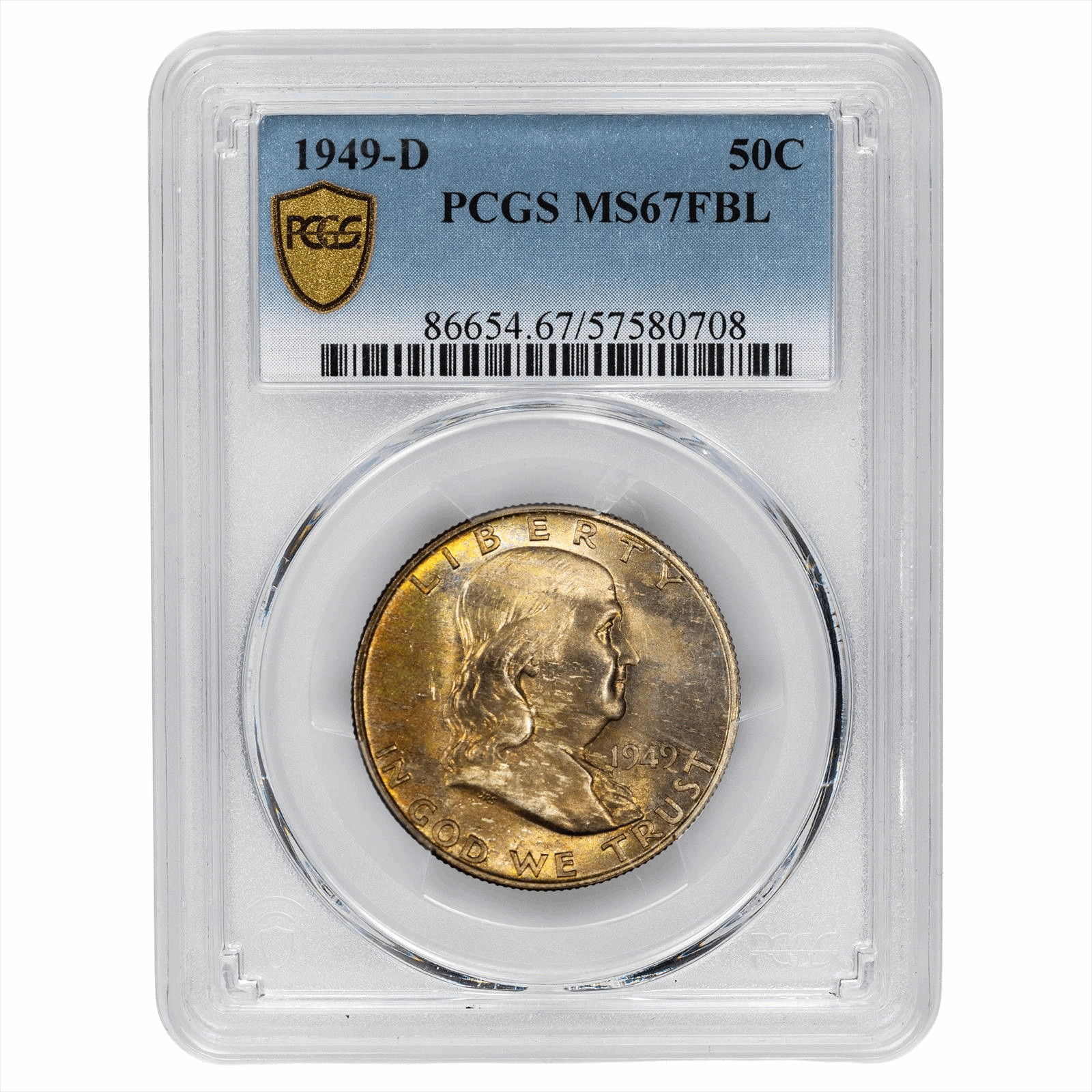 1949-D Franklin Half Dollar 50c, PCGS MS 67 FBL - Conditionally Rare!