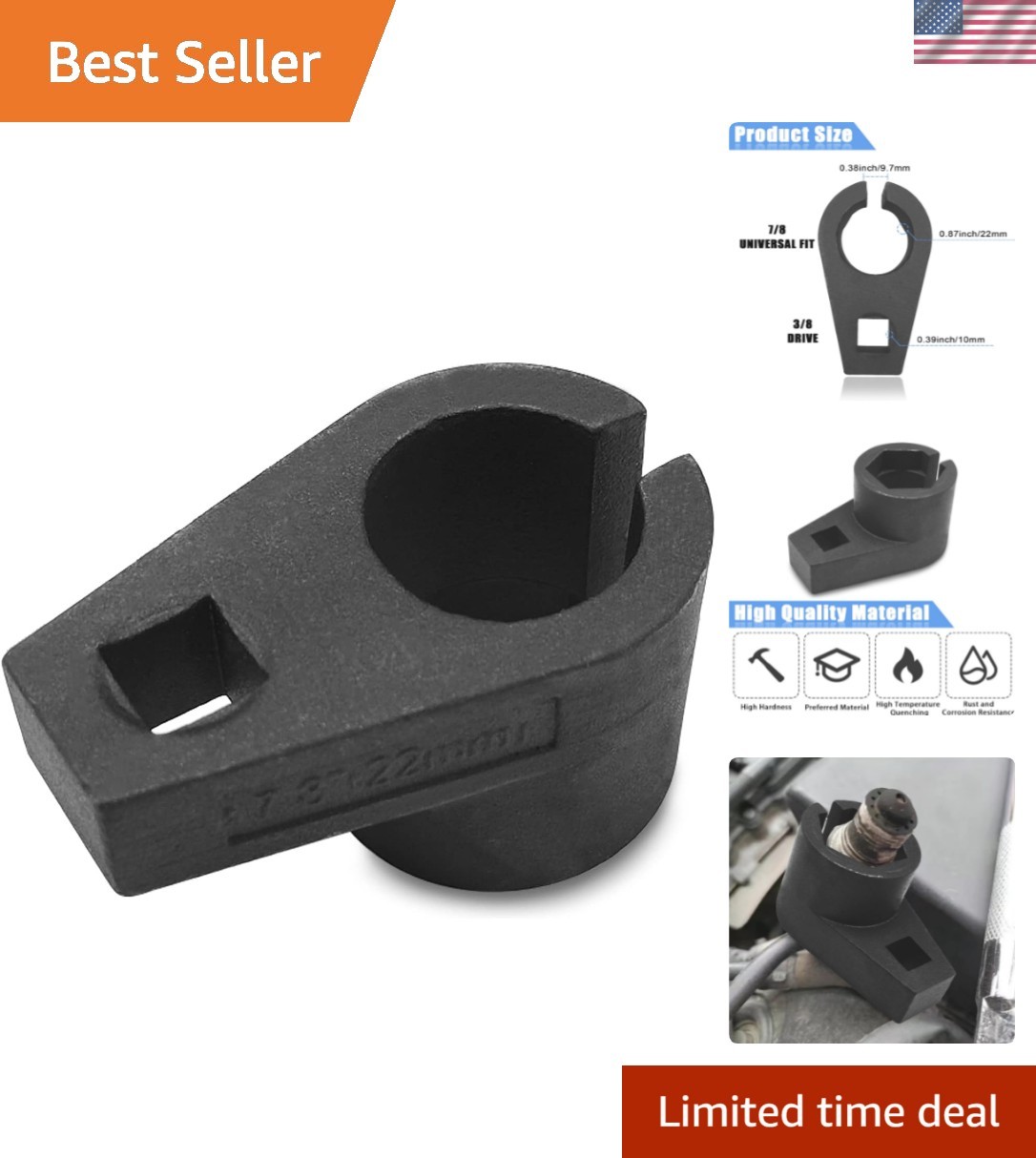 Offset Oxygen Sensor Socket, 3/8-Inch Drive, 7/8-Inch 22mm, Wire Gate Accesse...