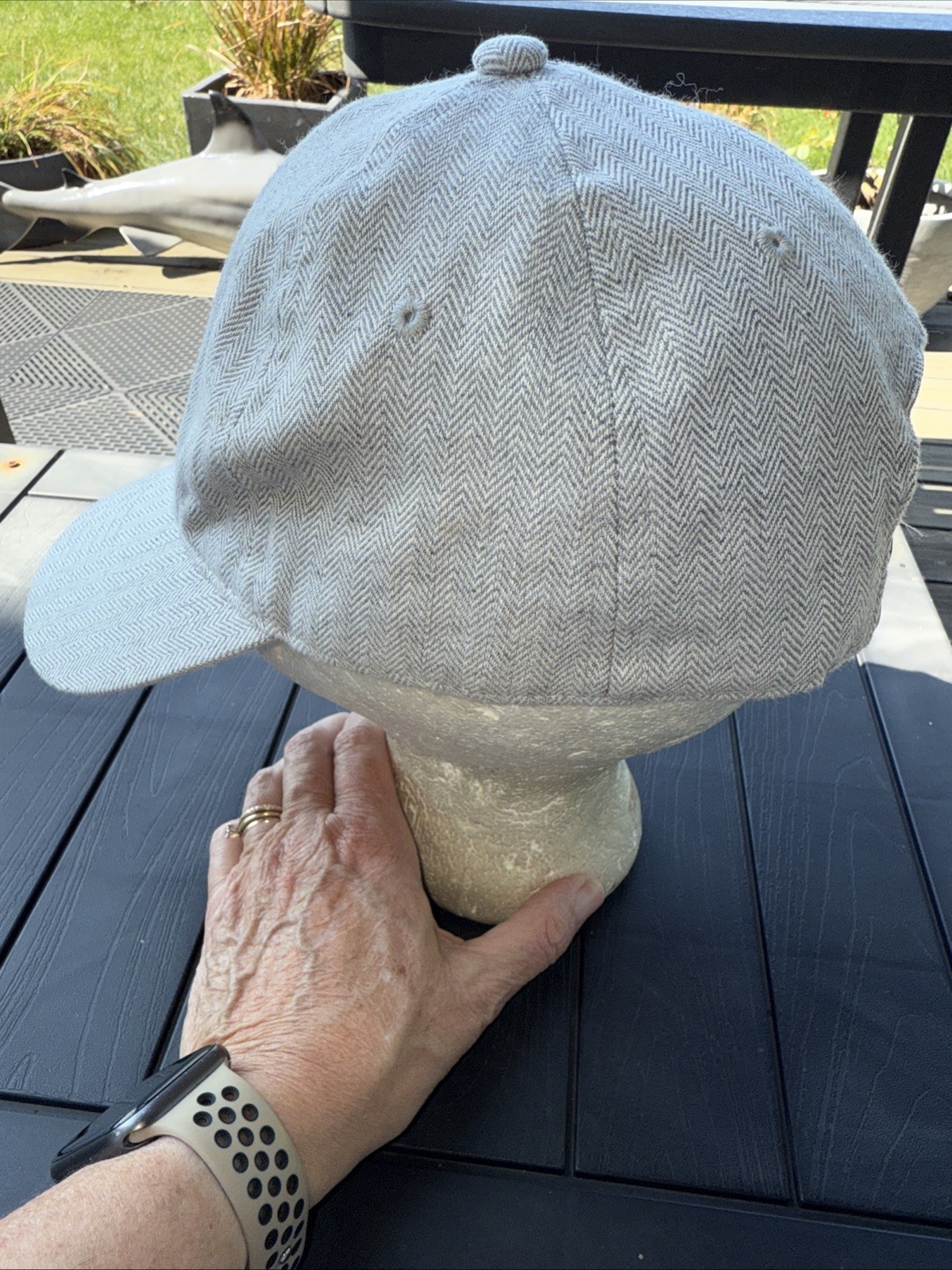 Herringbone fabric pattern Gray White Hat Cap Leather Strap Buckle EUC