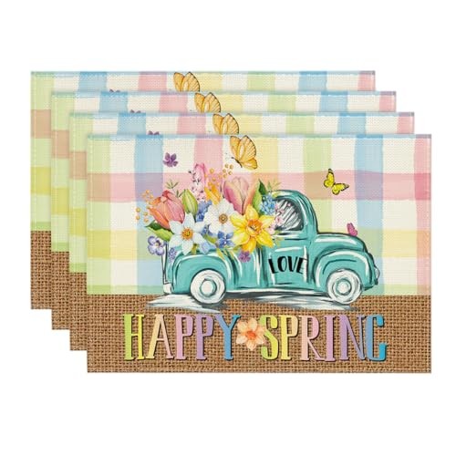Pink Blue Buffalo Plaid Truck Flowers 12" x 18", Rectangular 4 Pcs Blue/Pink
