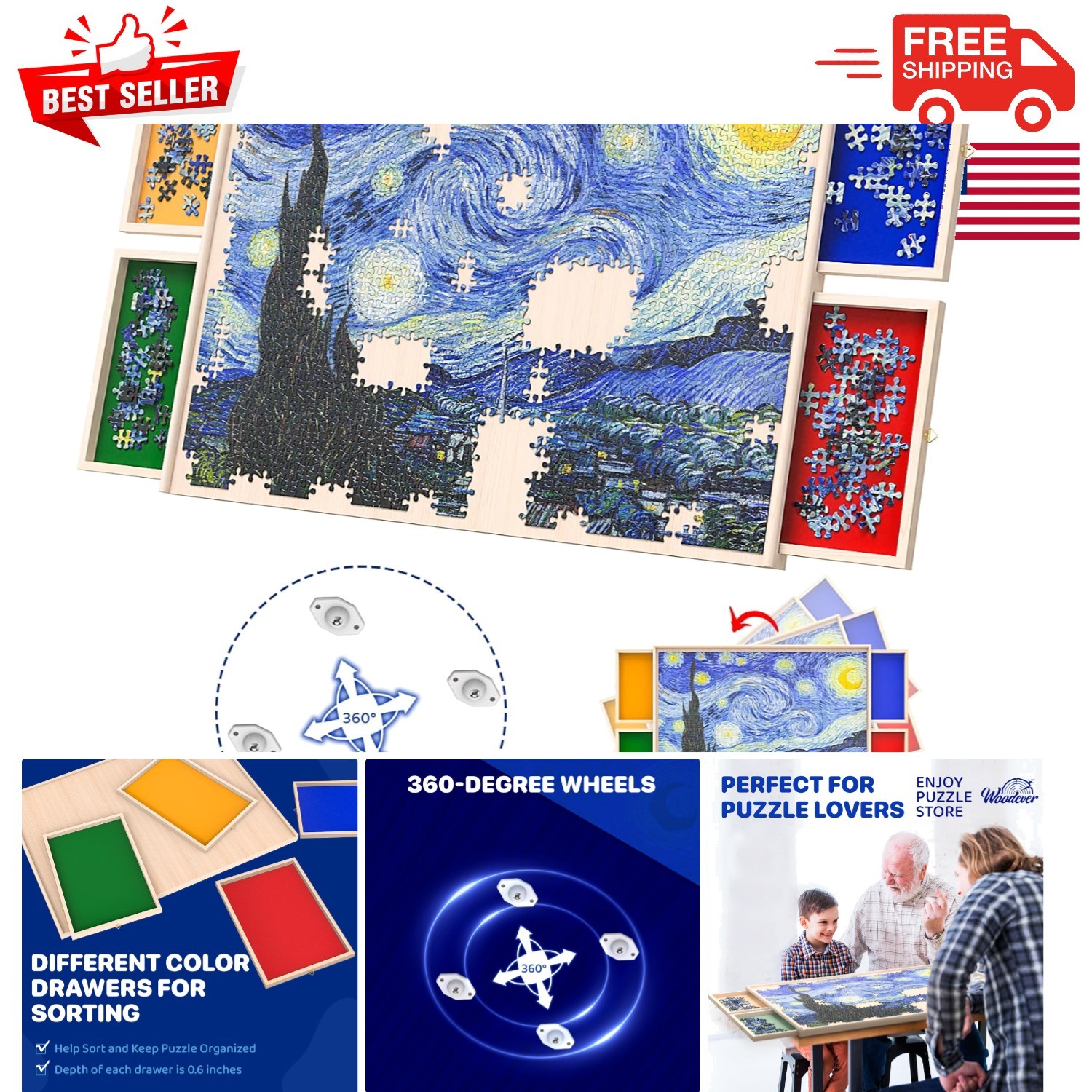 Versatile Puzzle Board for Adults - 30'' x 22'' with Drawers & Rotating Wheels