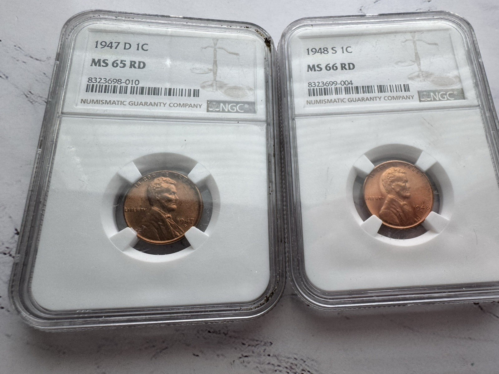 (Lot of 2 slabs) 1947-D MS65 RD, 1948-S MS66 RD, Wheat Lincoln Cents NGC