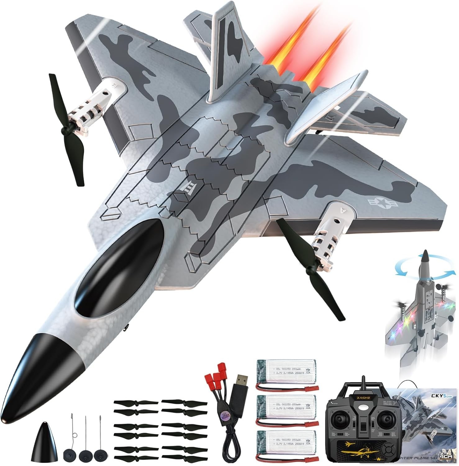 F-22 4CH RC Airplane - RTF w/ Transmitter, 3 Batteries, Charger, & Extra Parts
