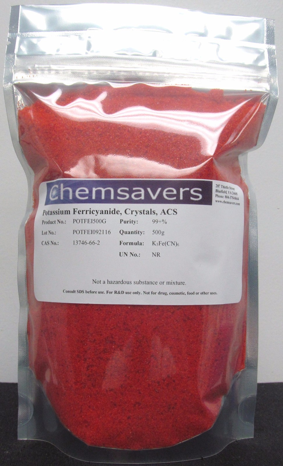 Potassium Ferricyanide, Crystals, ACS, 99+%, 500g